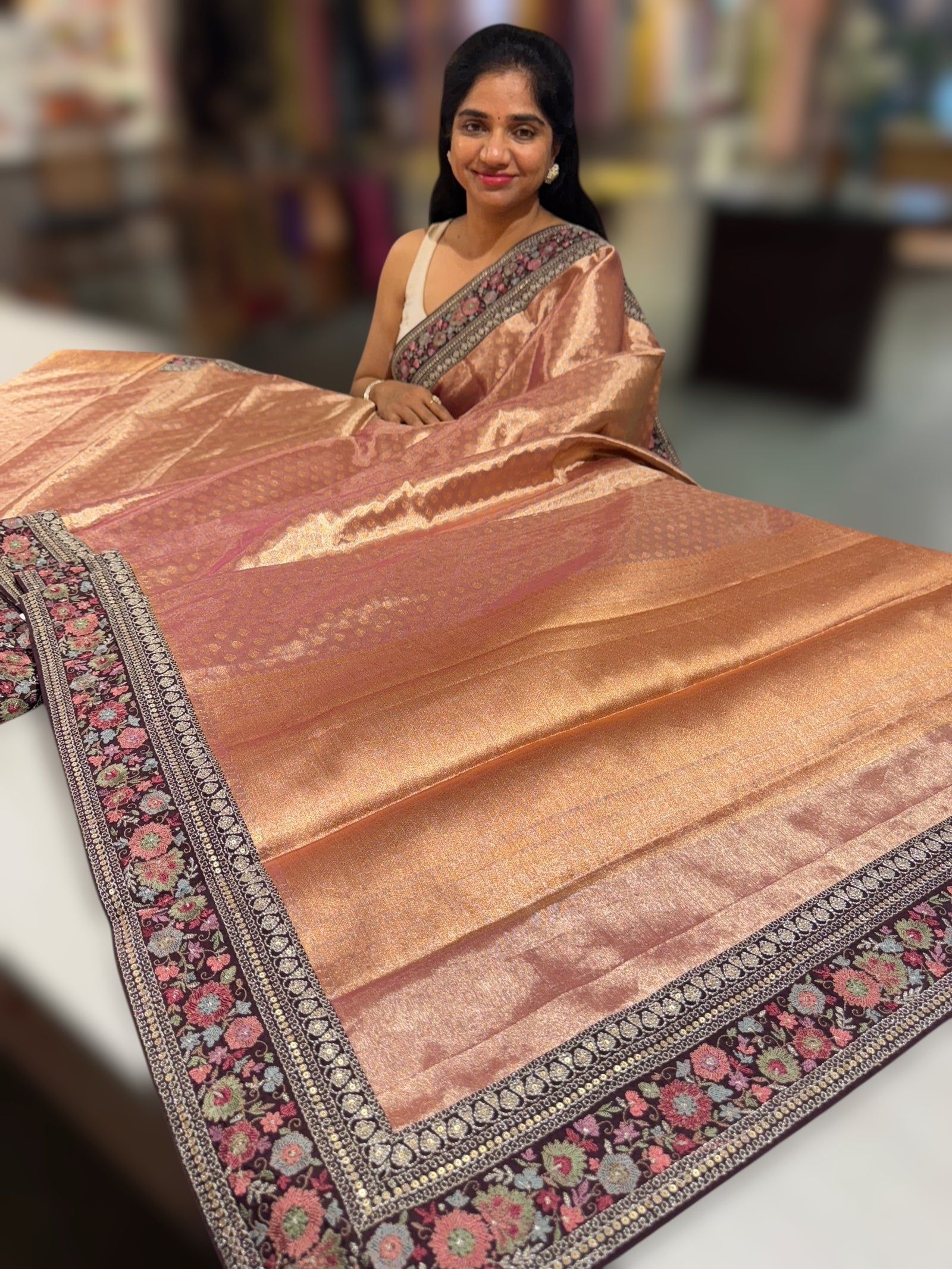 Copper Banarasi brocade tissue saree with sabhya borders