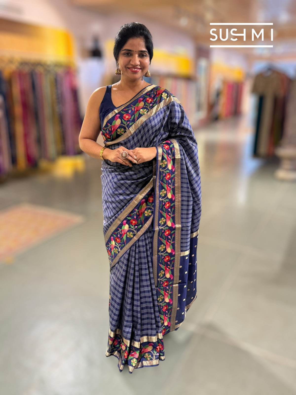 Midnight Blue Vintage checks Kanjeevaram soft silk saree with embroidery D62F040