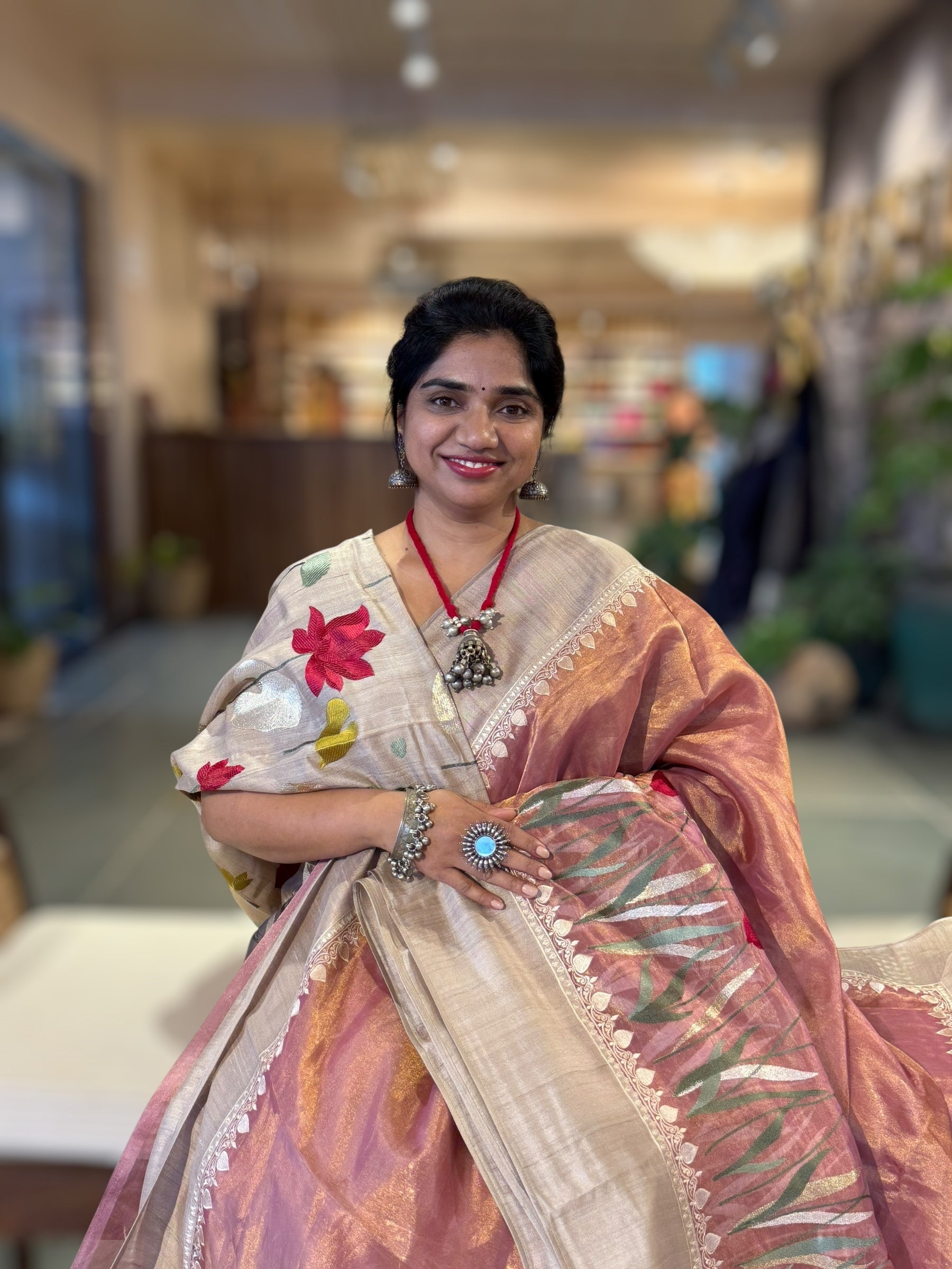 Peach Pink Designer Handloom Tissue Saree With Tulip embroidery
