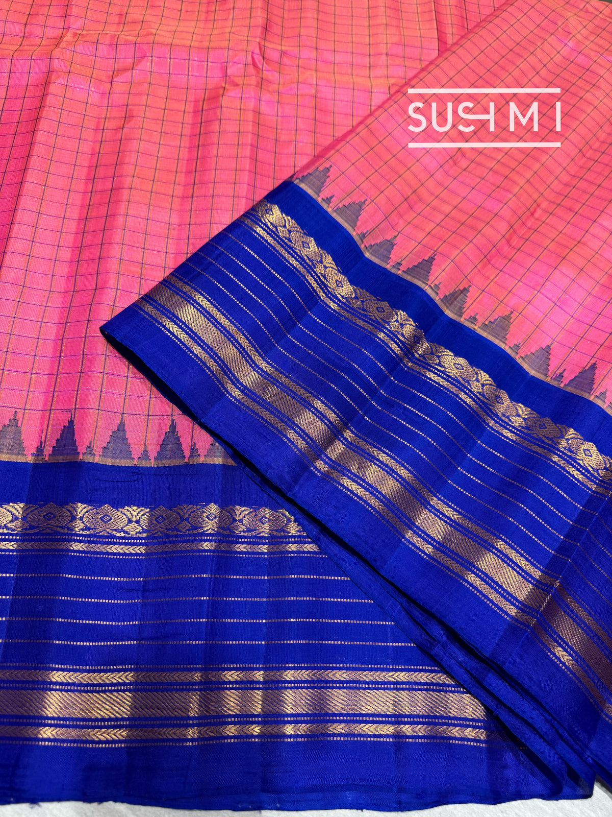 Neon Pink vintage checks Gadwal Silk Saree : S62F216