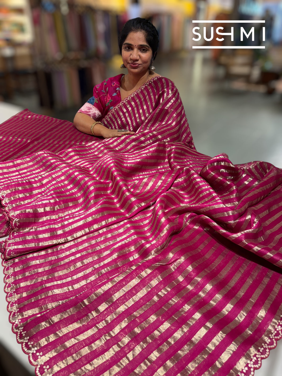 Beetroot Pink Mul tissue stripes saree with fusion blouse : D62138