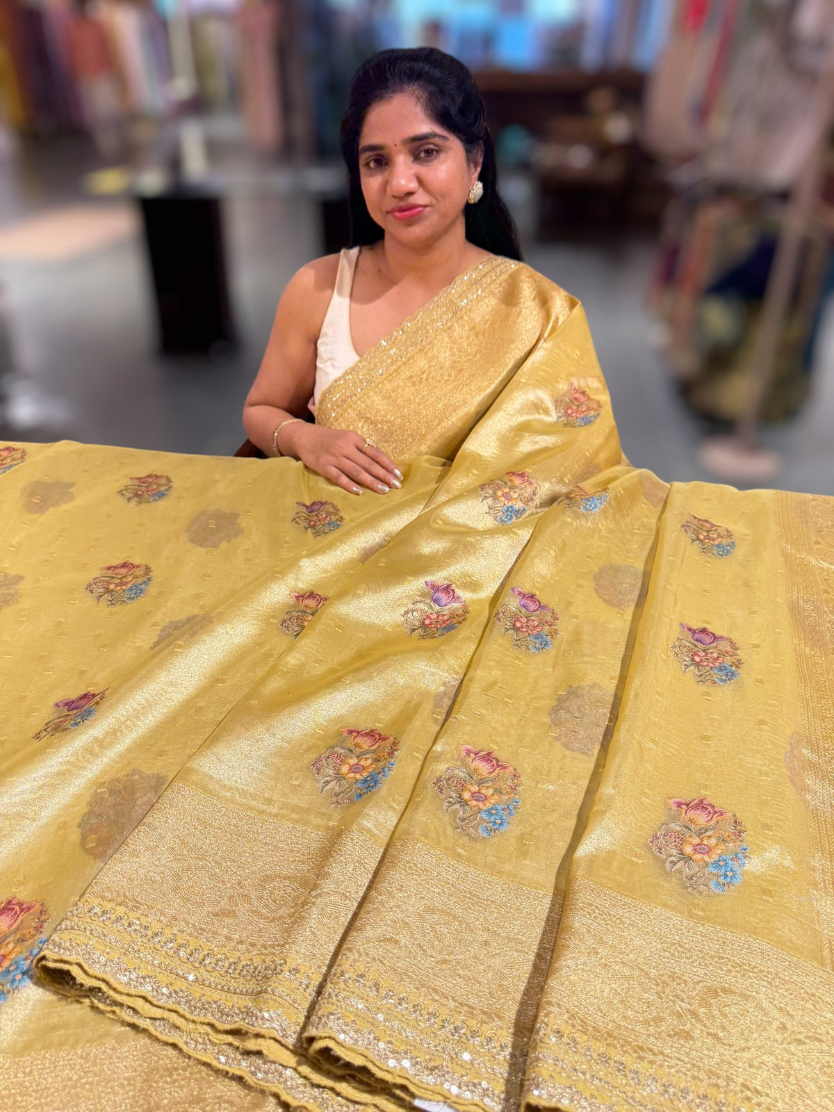 Pastel yellow banarasi tissue saree