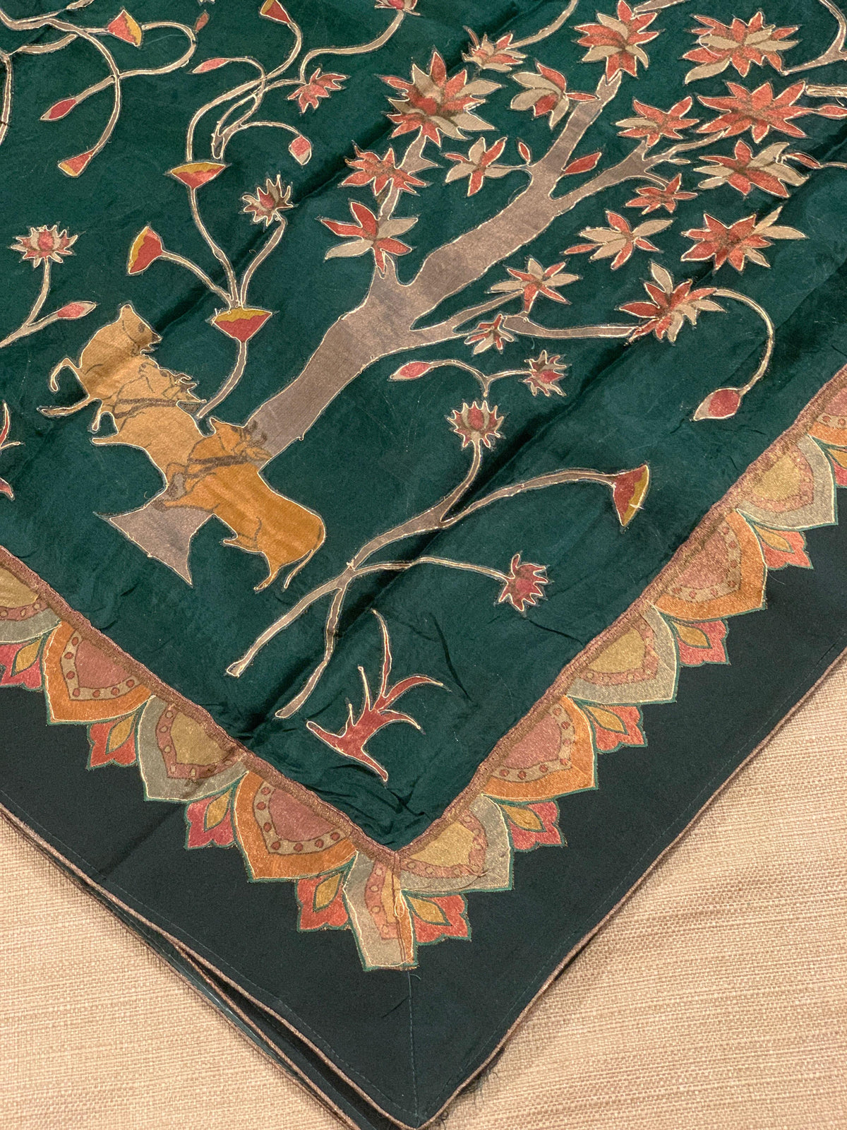 Bottle Green Designer Organza Saree with Stunning Tissue Applique work Saree with village theme