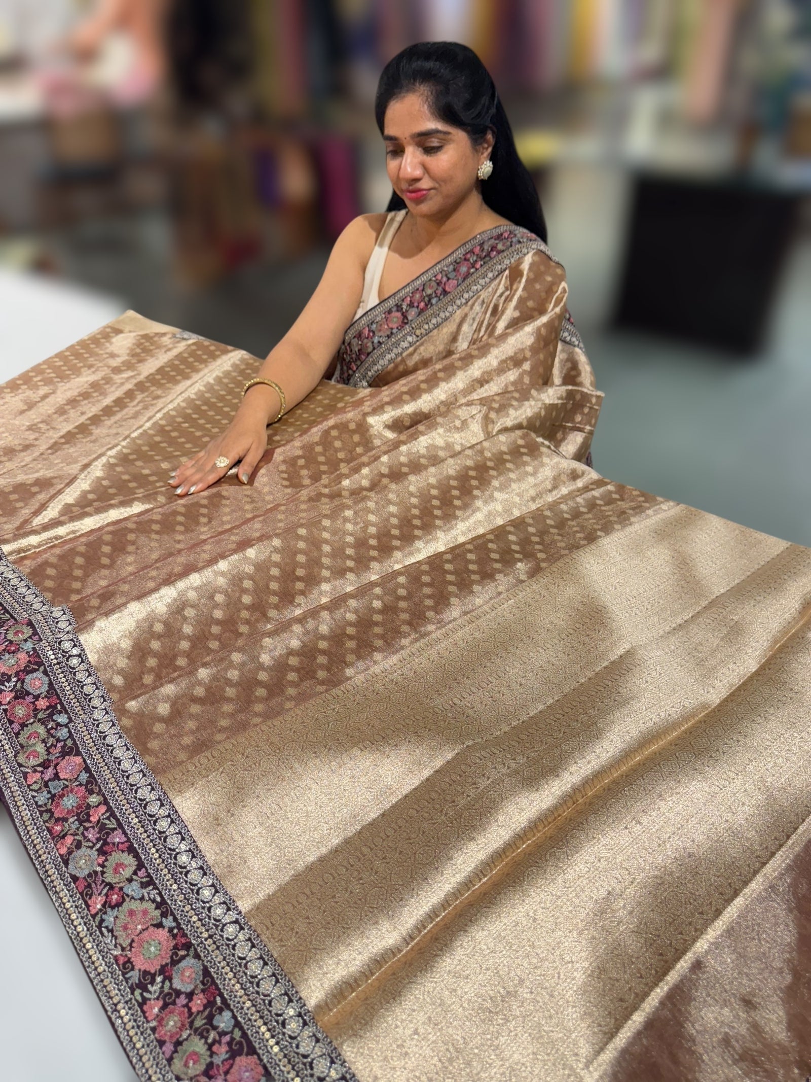 Antique Brown Banarasi brocade tissue saree with sabhya borders