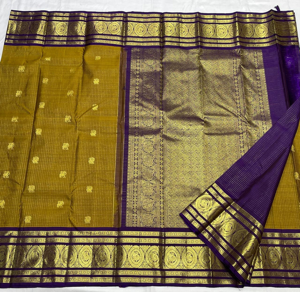 Mustard olive & Brinjal Combo Kanchipuram Vintage checks Saree
