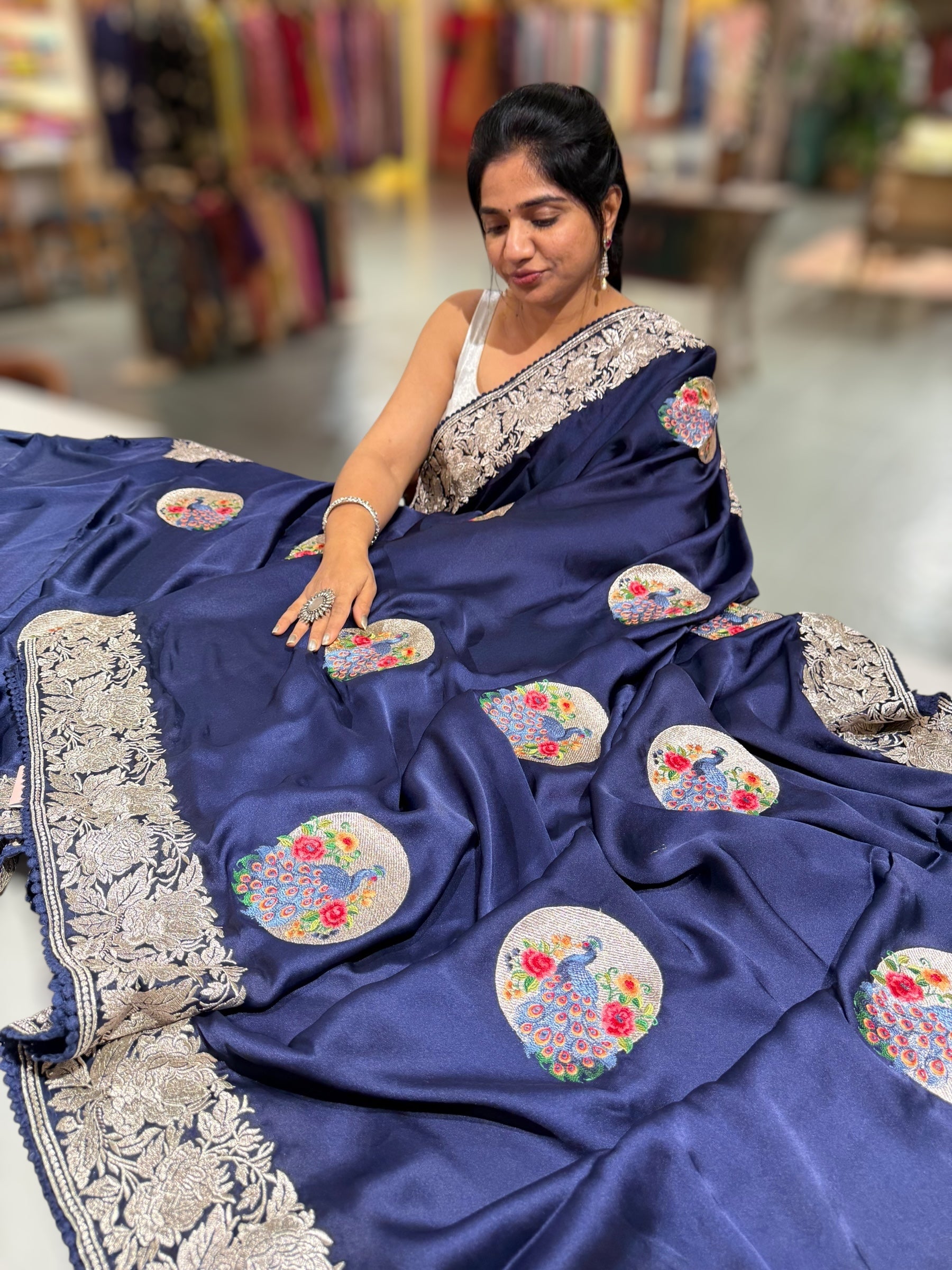 Midnight Blue Designer Satin Saree with stunning embroidered border & motifs