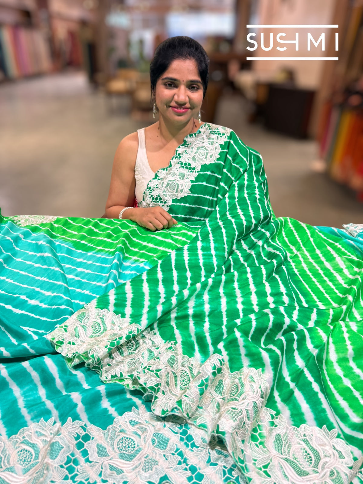 Green ombre dyed habutai Satin Silk lehariya Saree S62F066