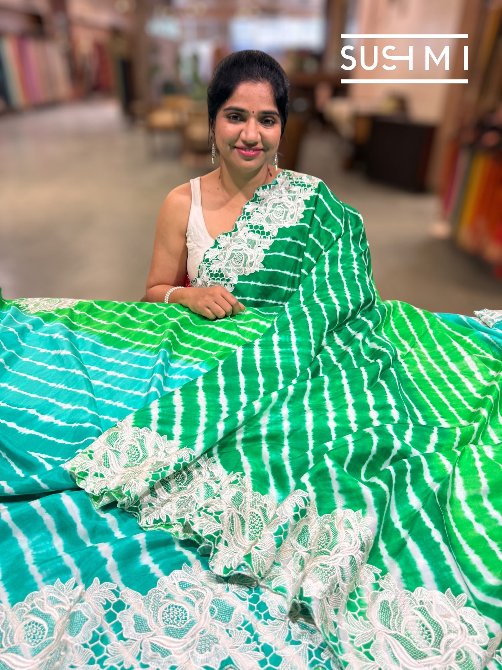Green ombre dyed habutai Satin Silk lehariya Saree S62F066
