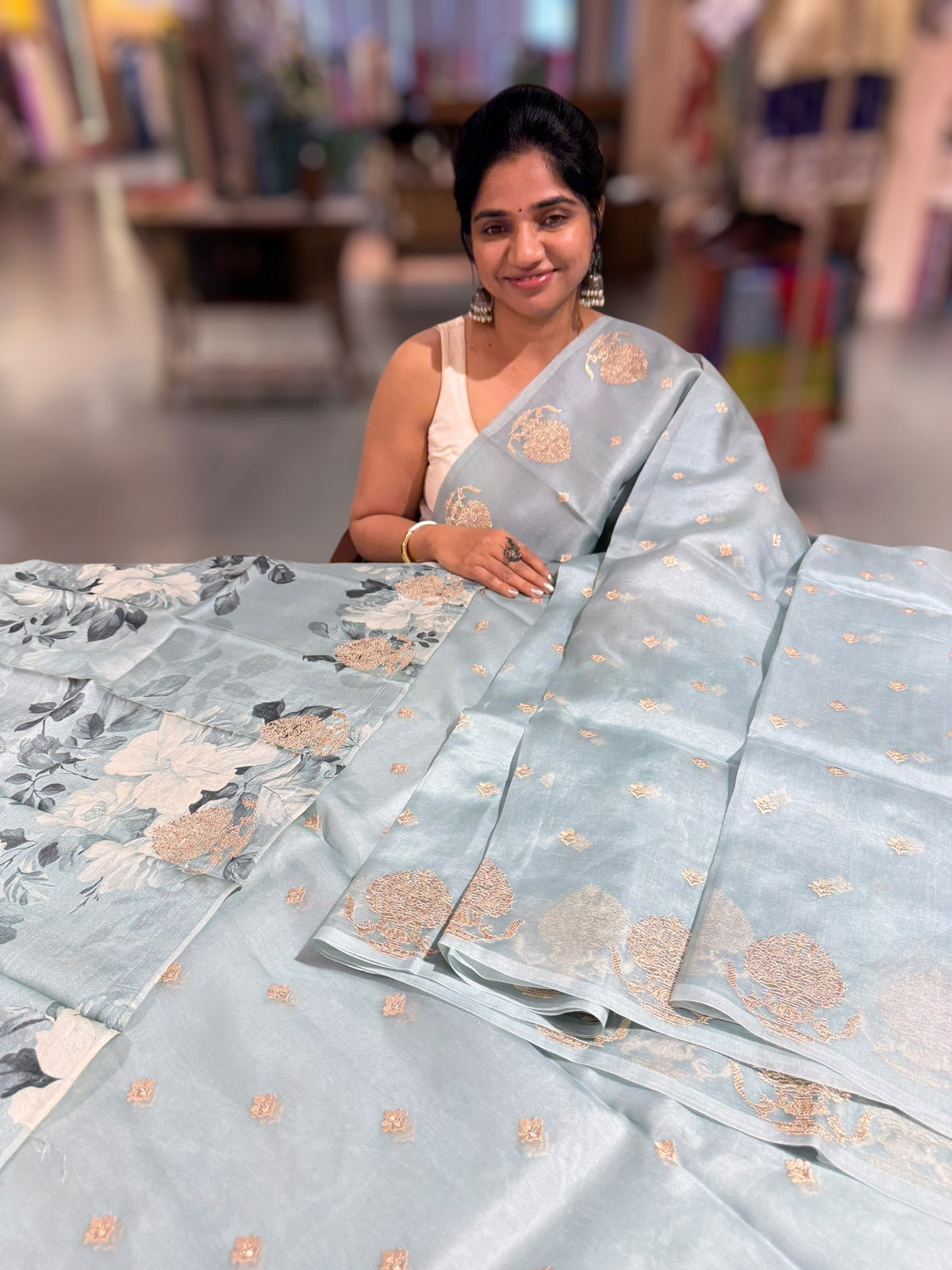 Powder Blue Organza Saree With Embroidered Motifs & Tussar Printed Blouse