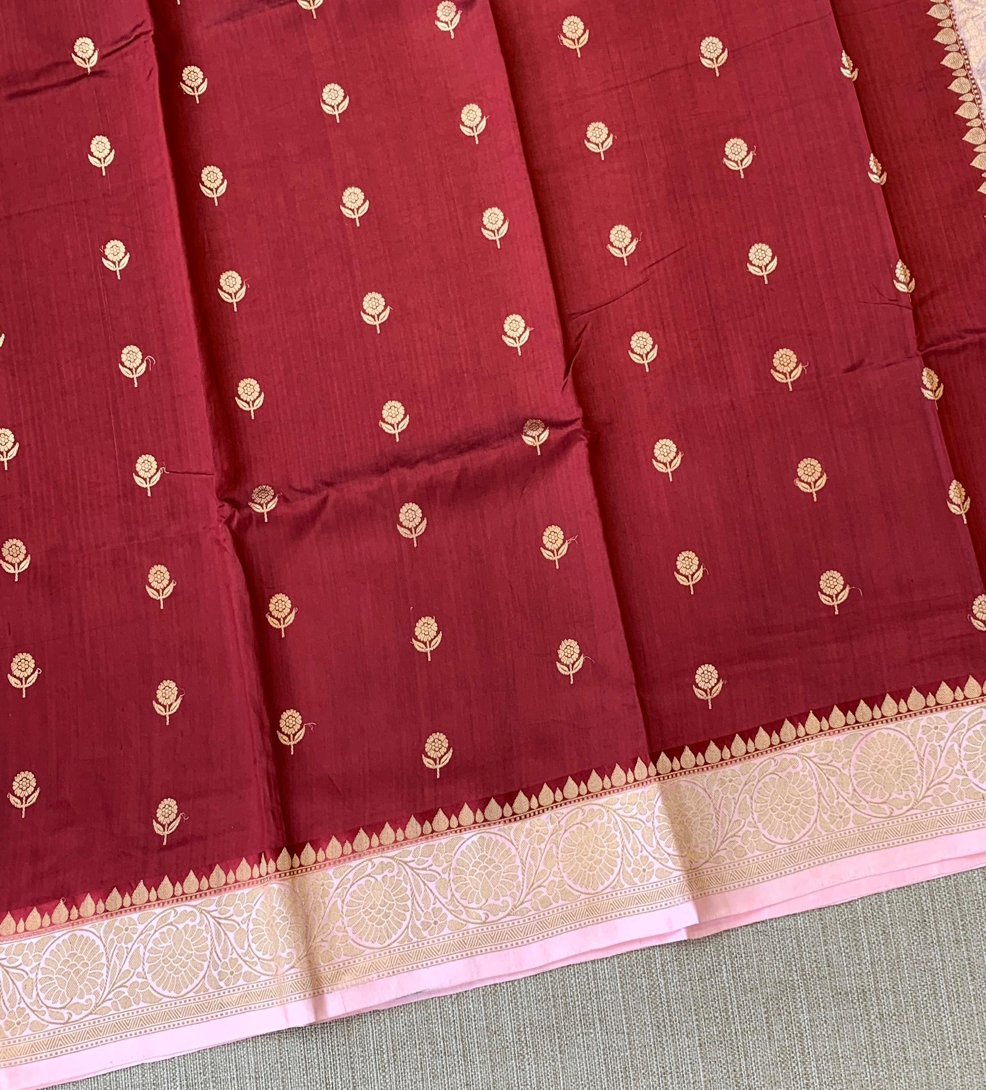 Meroon & Pink Combo Raw Mangoe Silk Saree with kaduwa woven motifs.