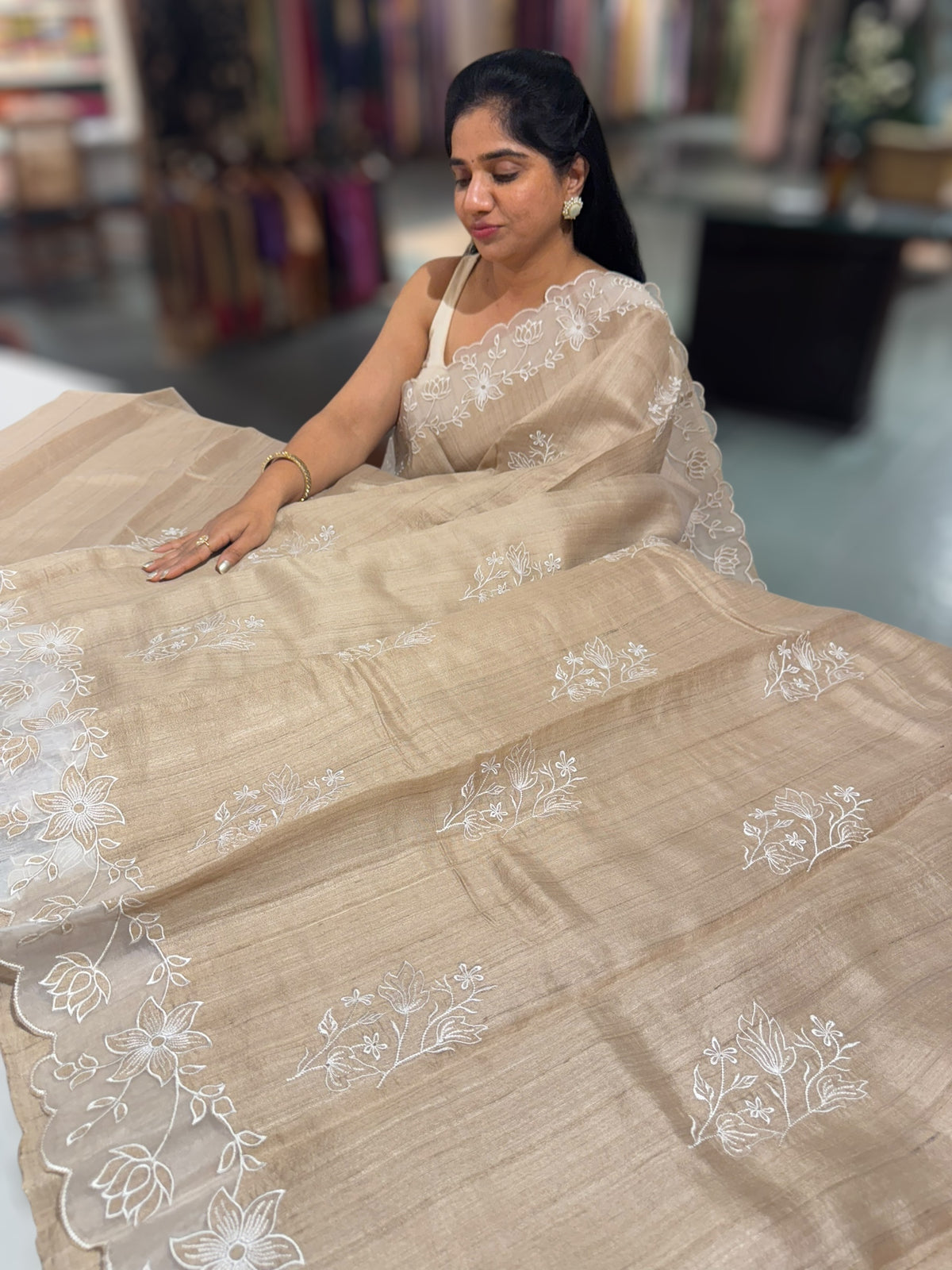 Chickoo Pure Handloom Tussar Saree with embroidery