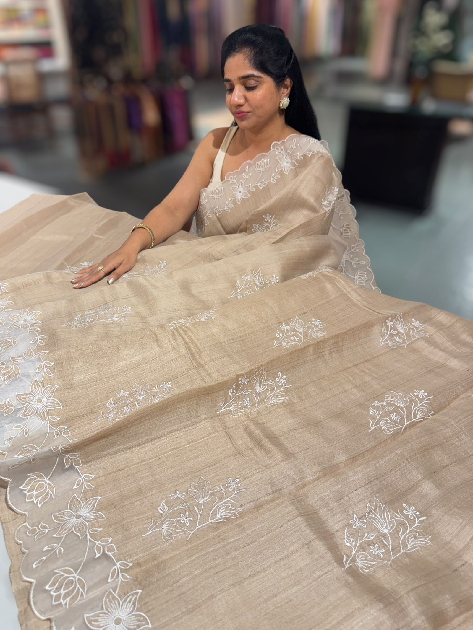 Chickoo Pure Handloom Tussar Saree with embroidery