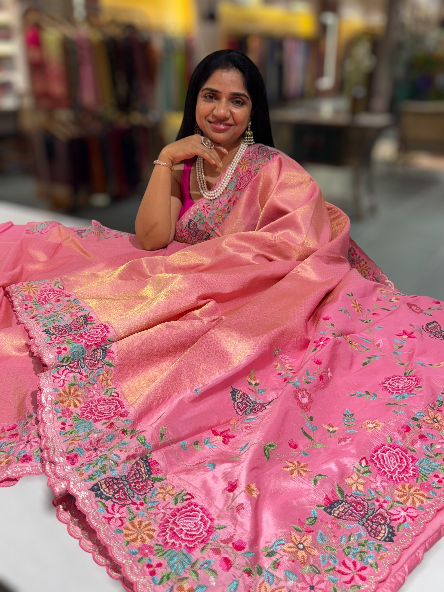 Coral Pink Kanjeevaram Brocade Saree with Petite Point Embroidered Border