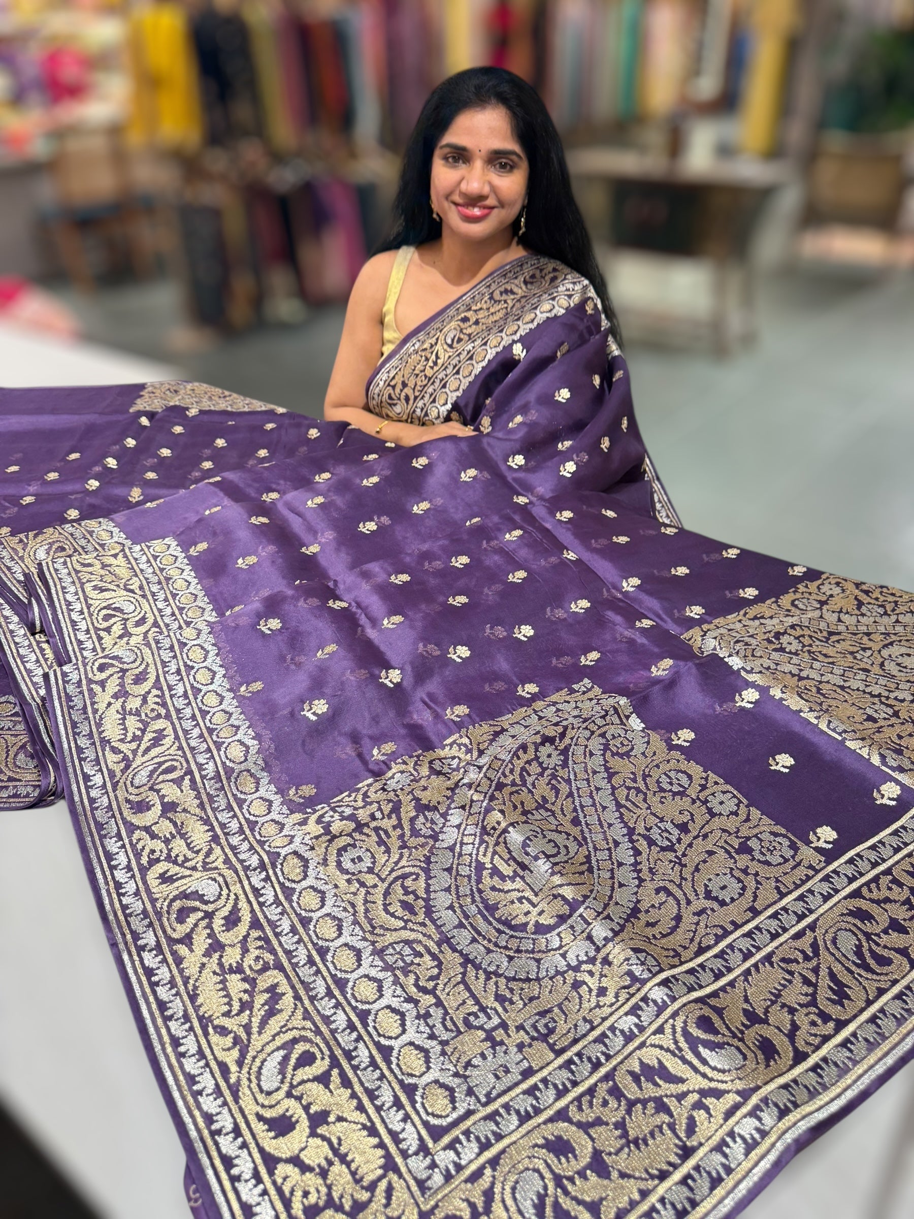 Brinjal Pure Organza Saree With Jamdani Inspired Embroidery