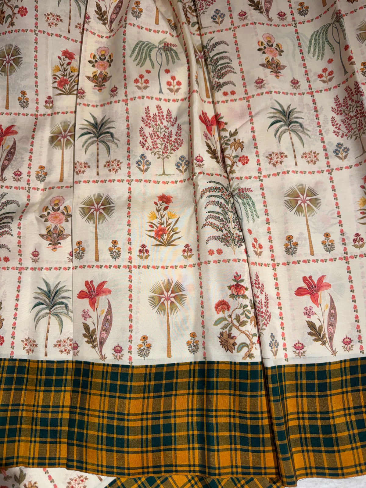 Ivory printed soft silk saree with burberry checks border : D62F034