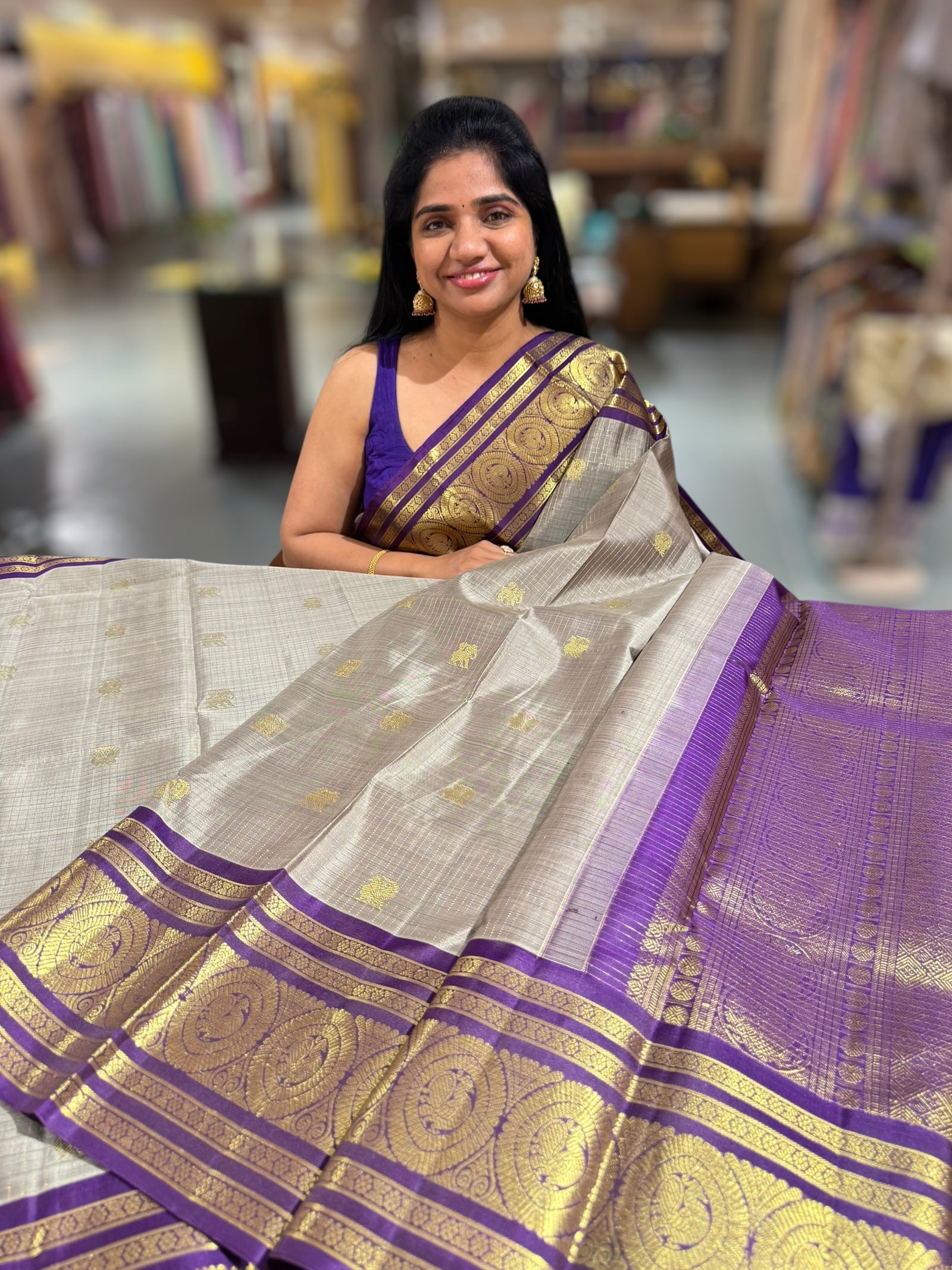 English Grey Vintage kanchi checks  saree