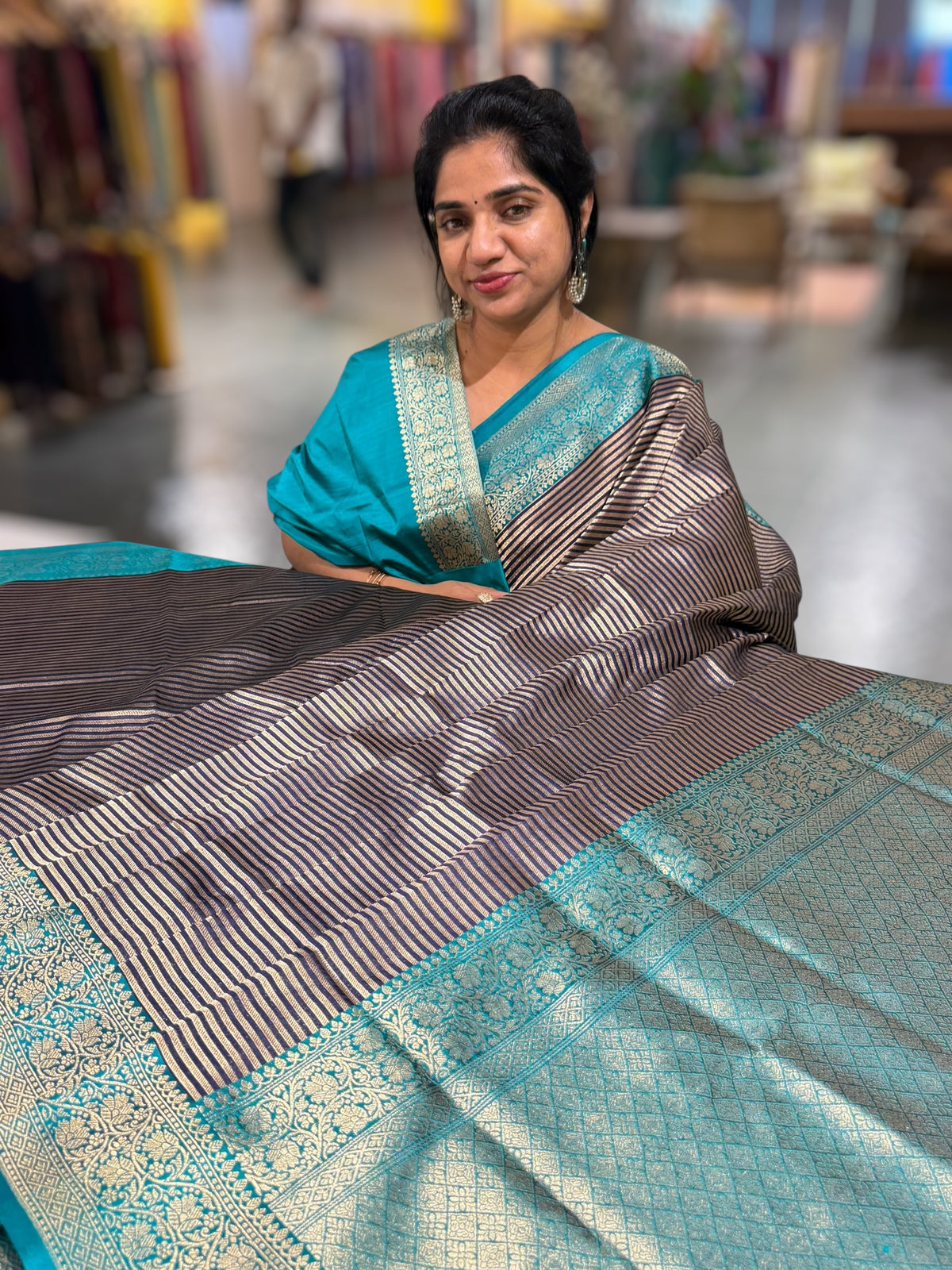 Navy Blue Banarasi Silk Stripes Saree