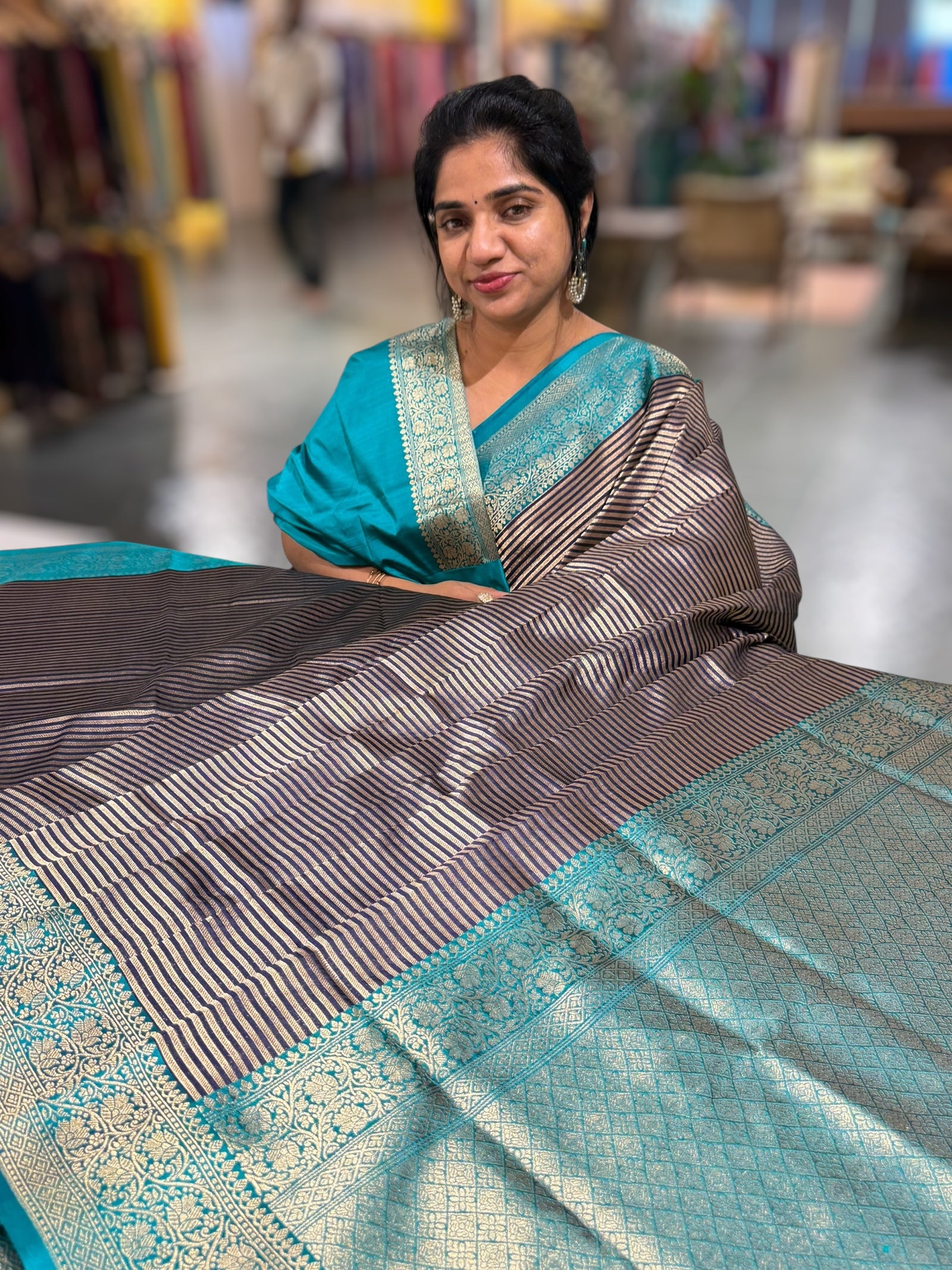 Navy Blue Banarasi Silk Stripes Saree