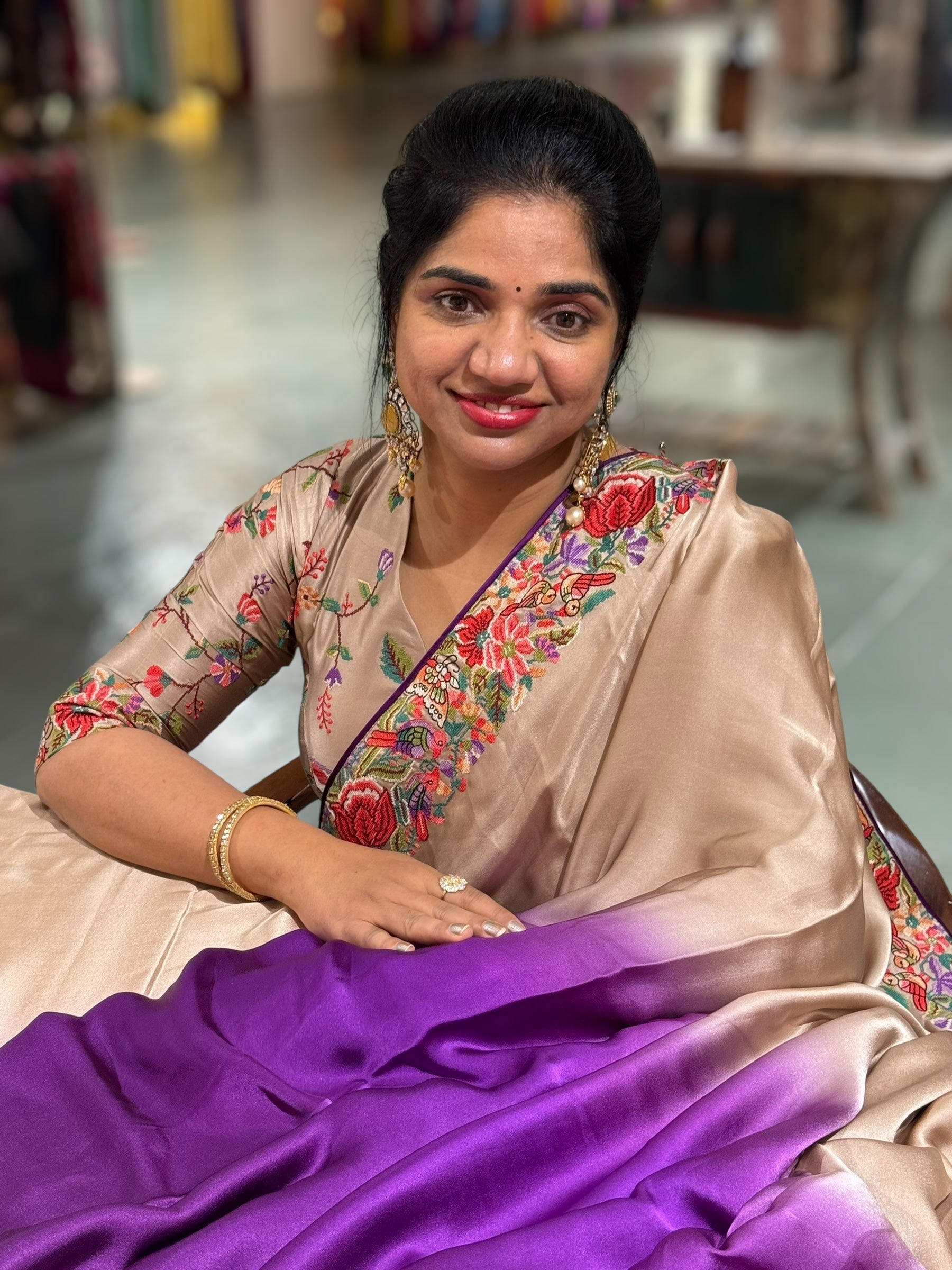 Pure Satin Ombre Dyed Saree with Petite Point Embroidered Border and blouse.