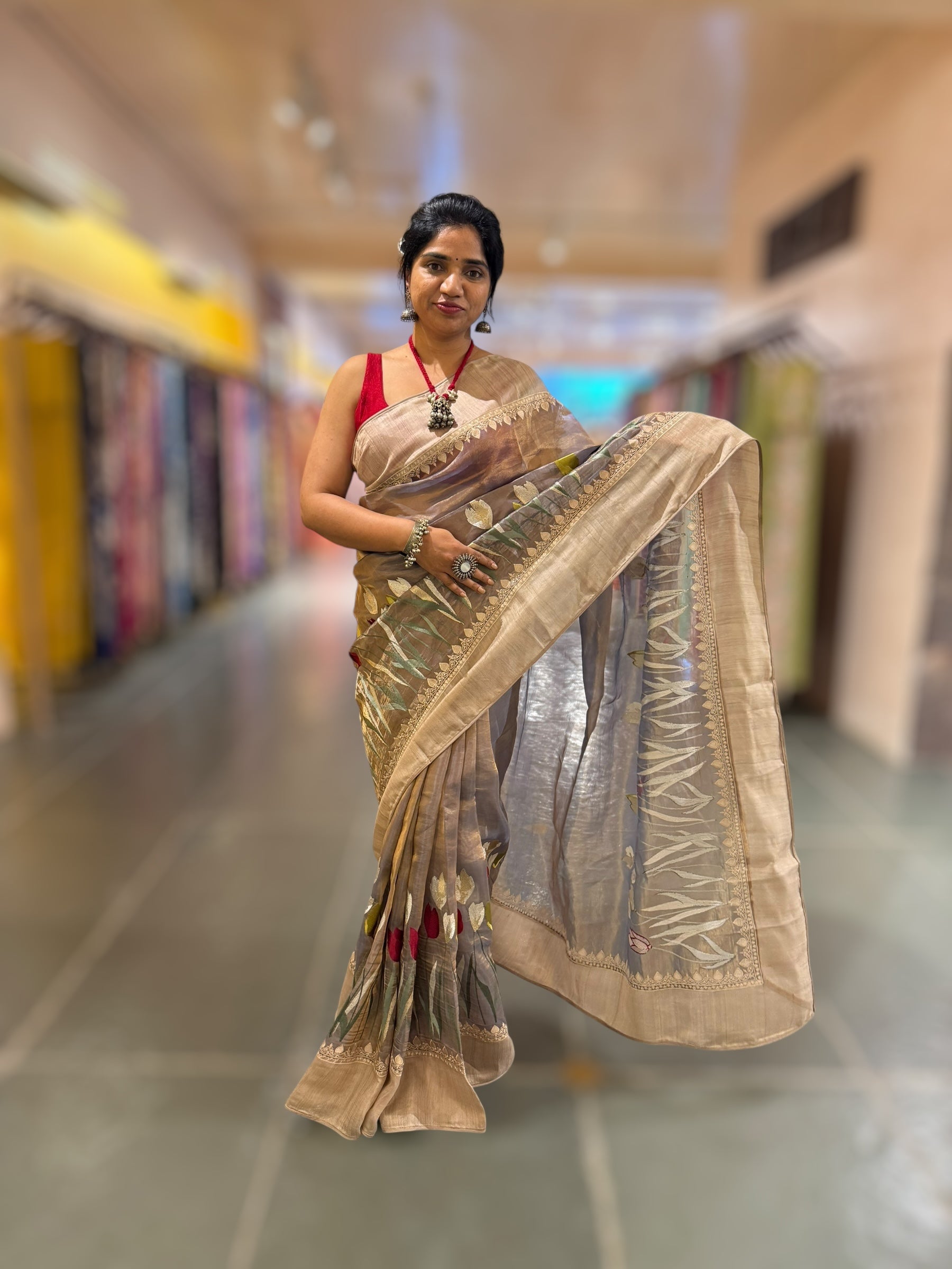 Violet Designer Handloom Tissue Saree With Tulip embroidery