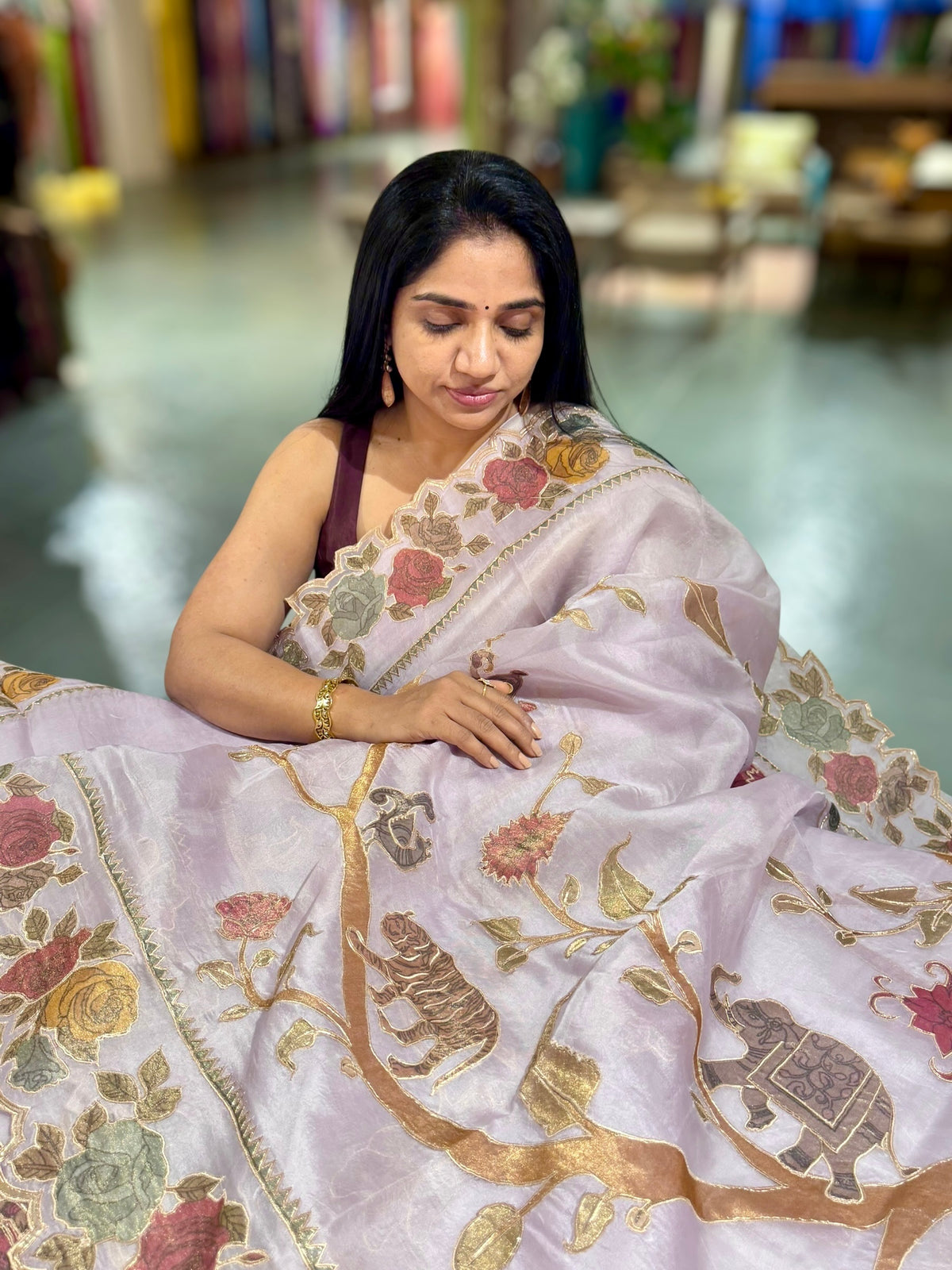 Lilac Pure Organza Applique Work Saree