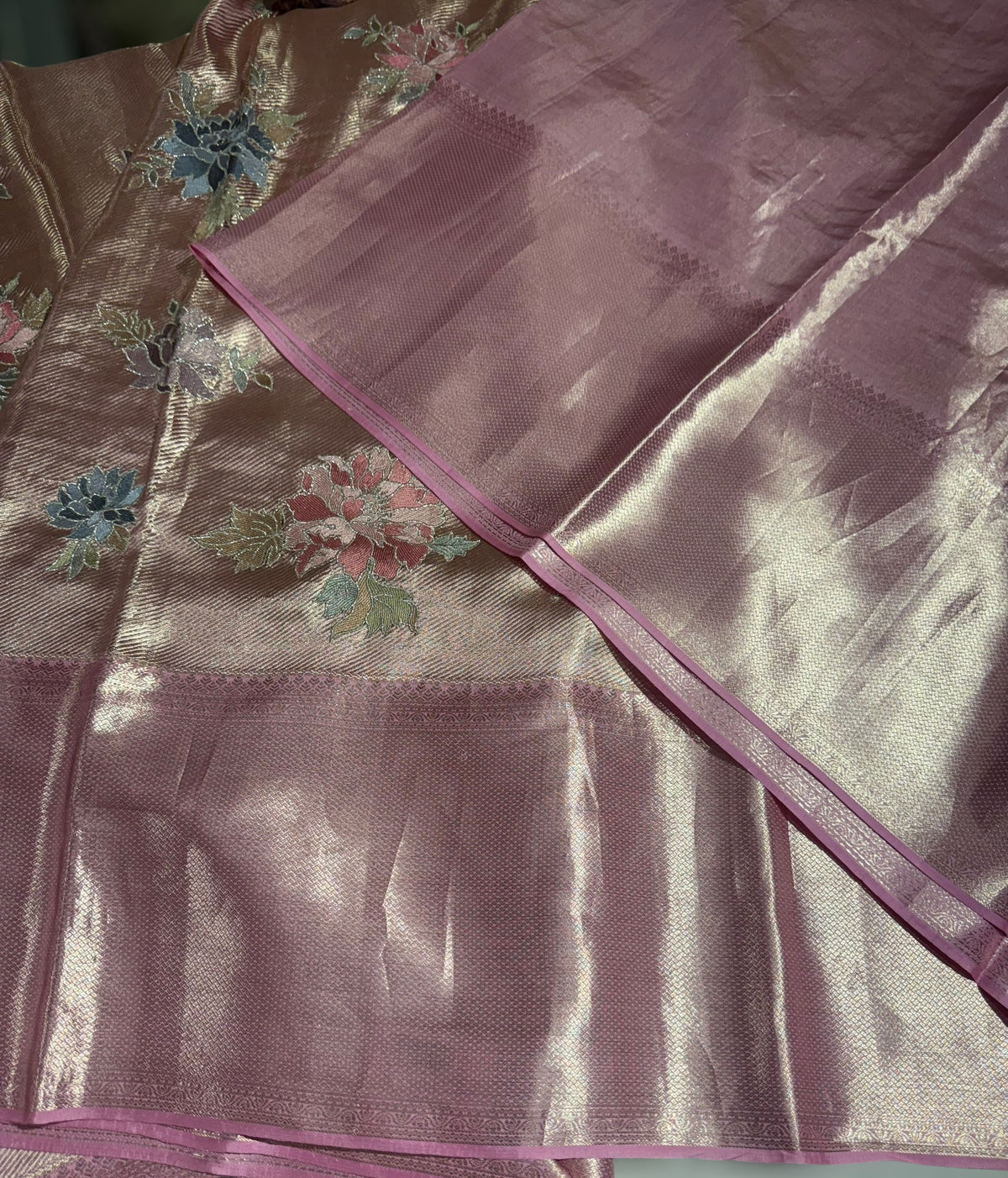 Rose Pink Designer Kanchi Saree with allover embroidery