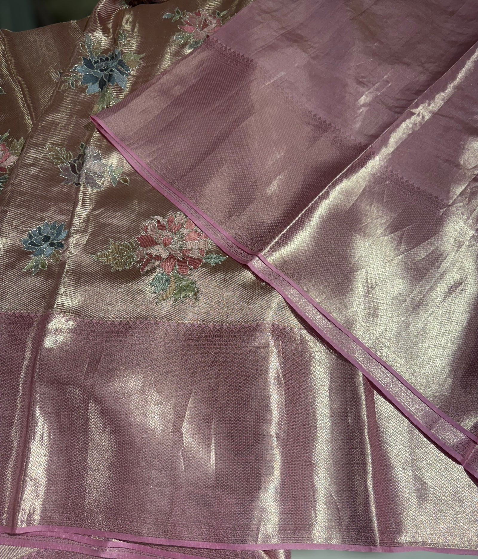 Rose Pink Designer Kanchi Saree with allover embroidery
