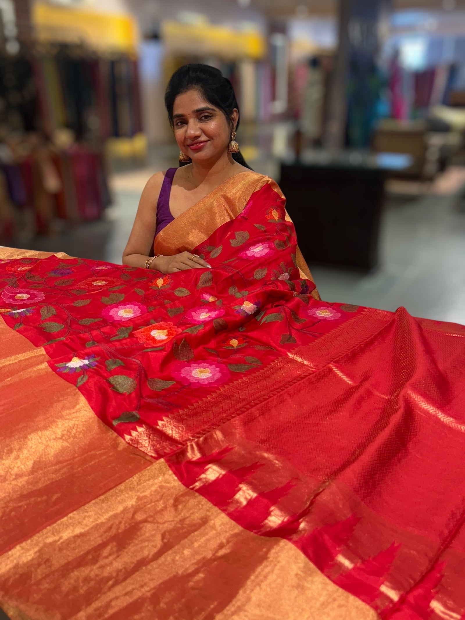 Chilli Red Kanchi Soft Silk Saree with allover jamdani inspired embroidery