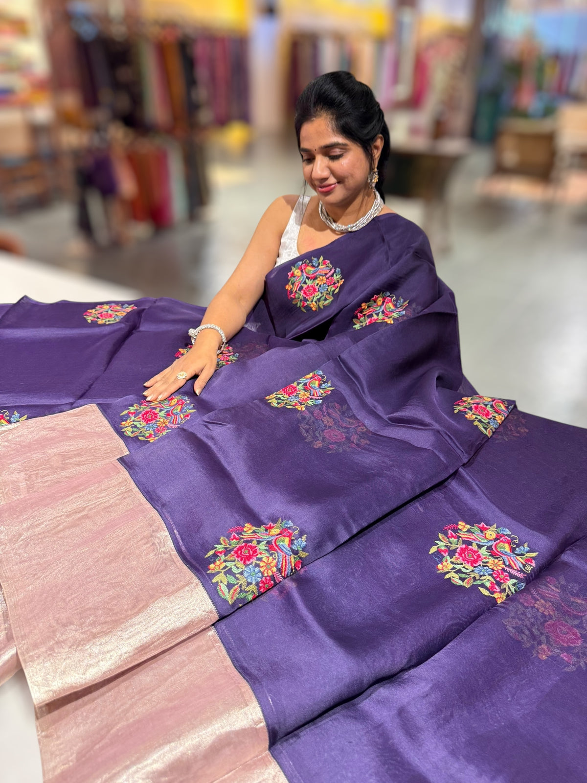 Violet Organza Saree with pure Tissue Border