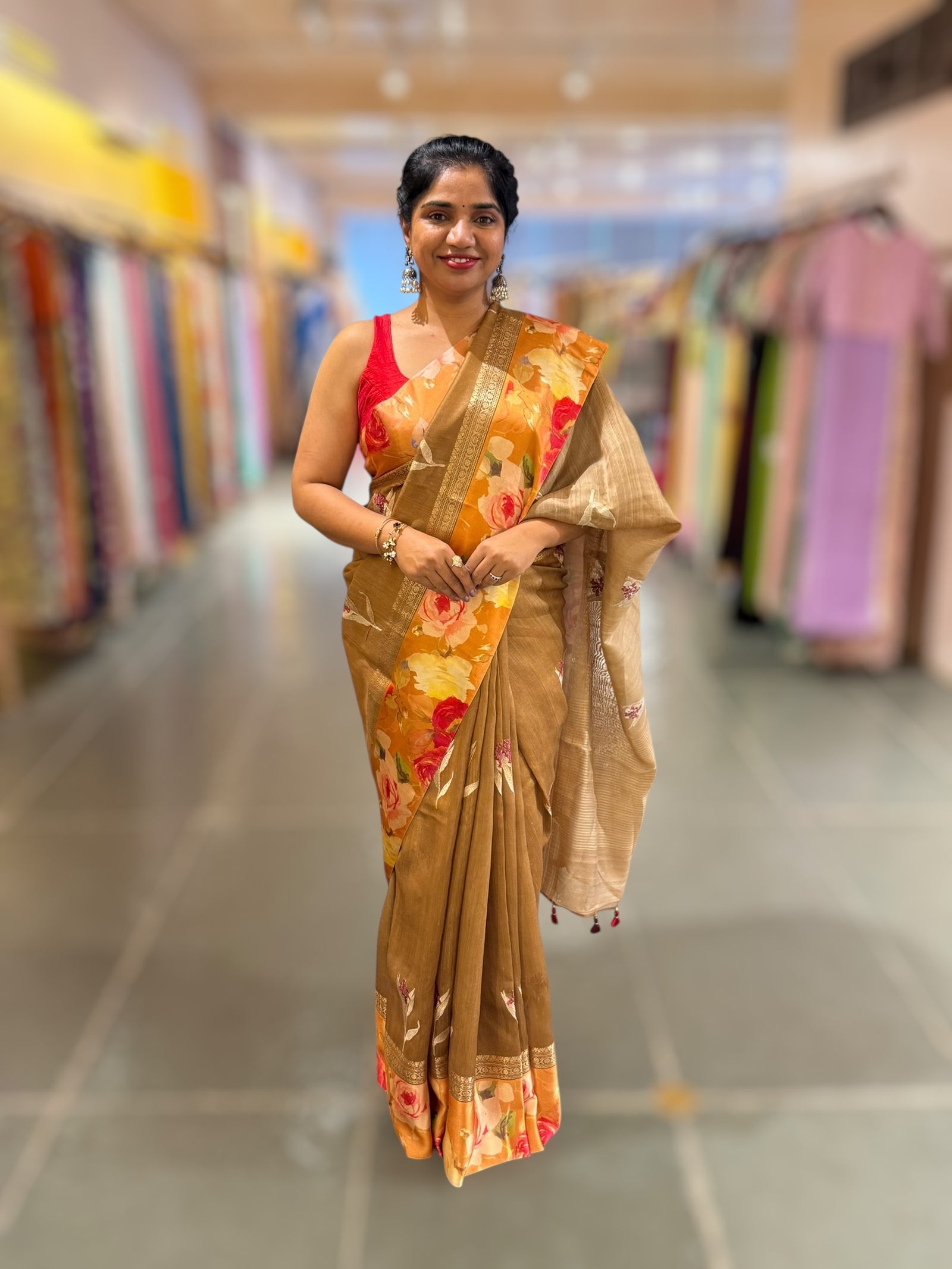 Light Brown Tussar Dhupion Saree with Floral printed mashru borders