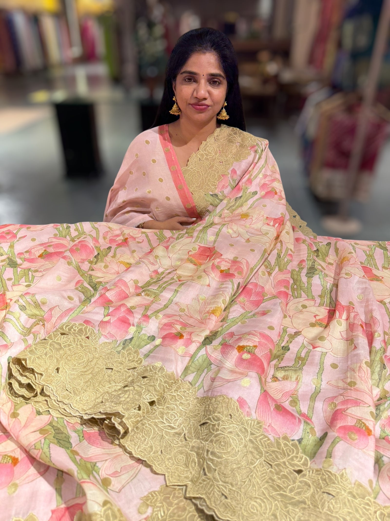 Baby Pink Banarasi Munga Printed Tussar Khaddi With Tissue cutwork Rose Border