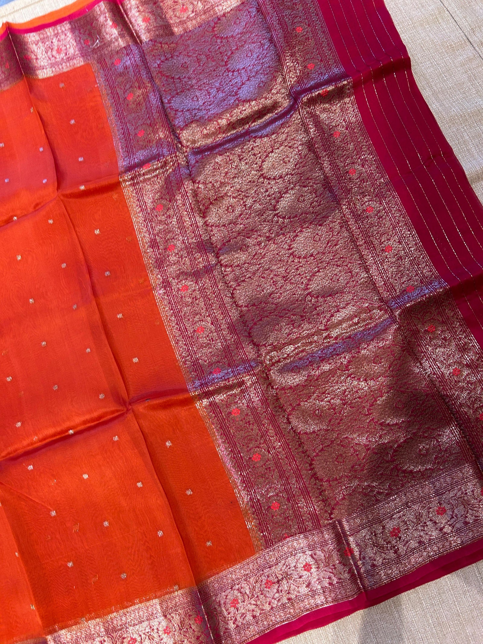 Reddish Orange and pink combo Pure Handloom premium Kora Banarasi Saree with meaanakati border