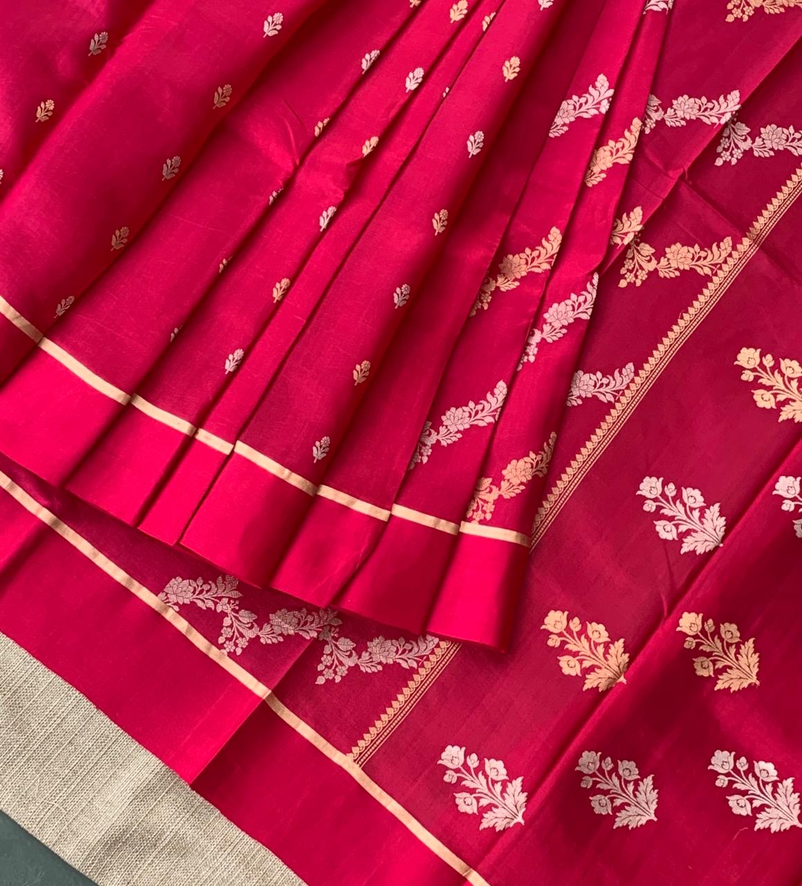Ruby Pink Raw Mangoe Silk Saree in half and half style