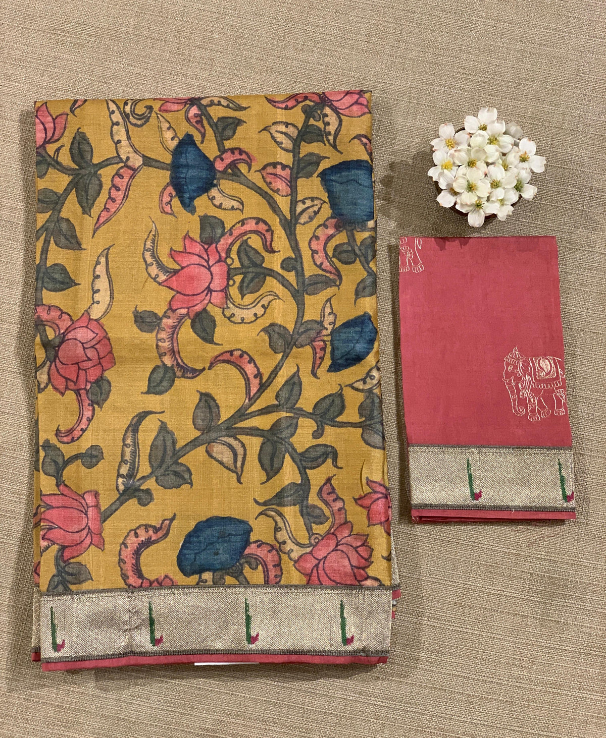 Pure Handloom Tussar kalamkari Saree with pythani single muniya borders