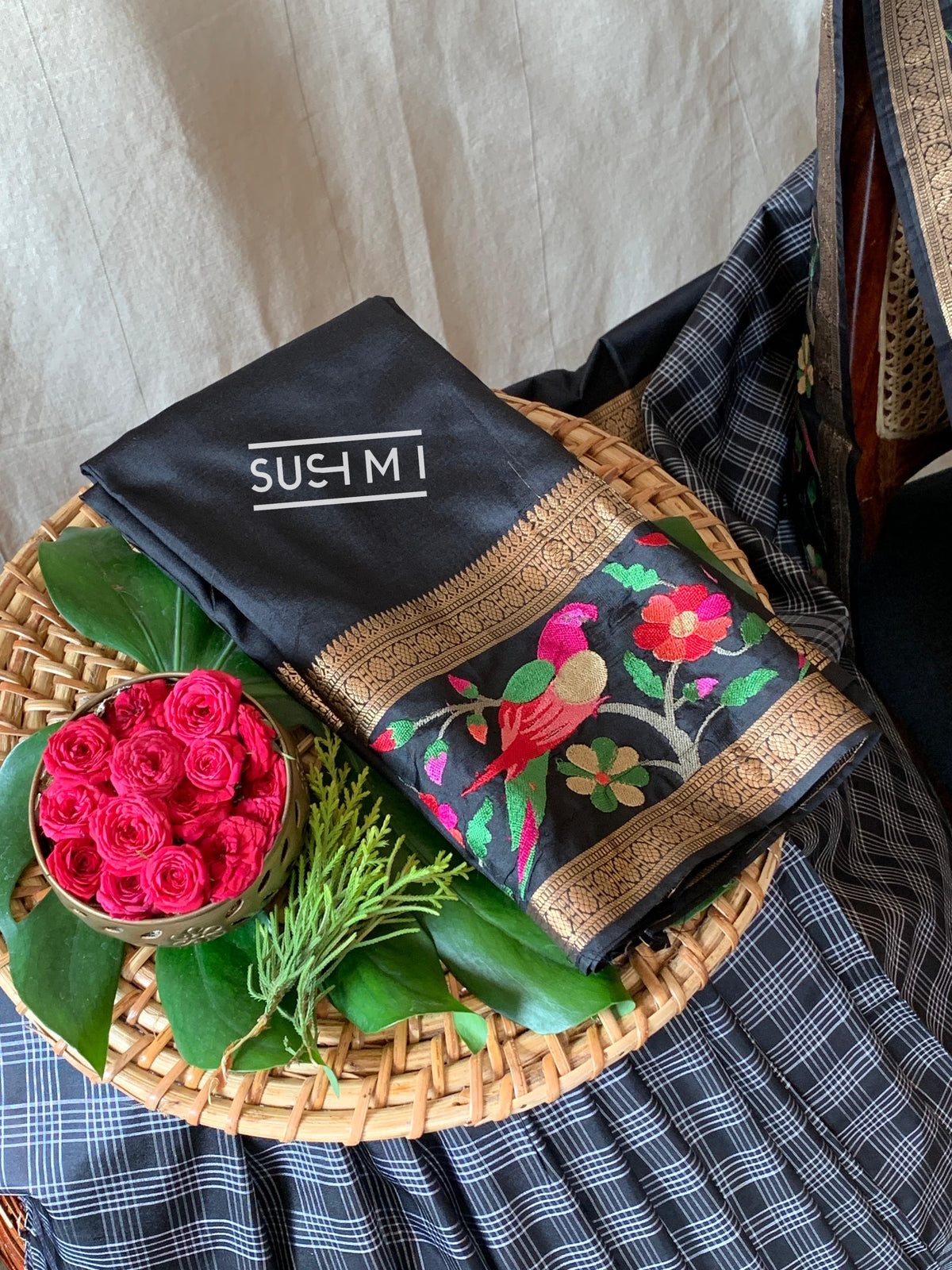 Black Vintage checks Kanjeevaram soft silk saree with embroidery D62F042