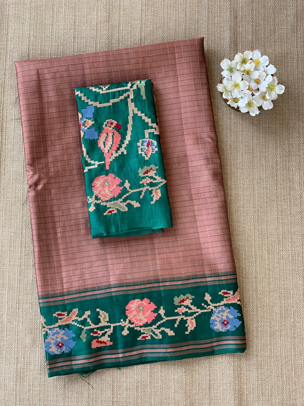 Terracota & Teal Vintage Kanchi soft silk saree with embroidery