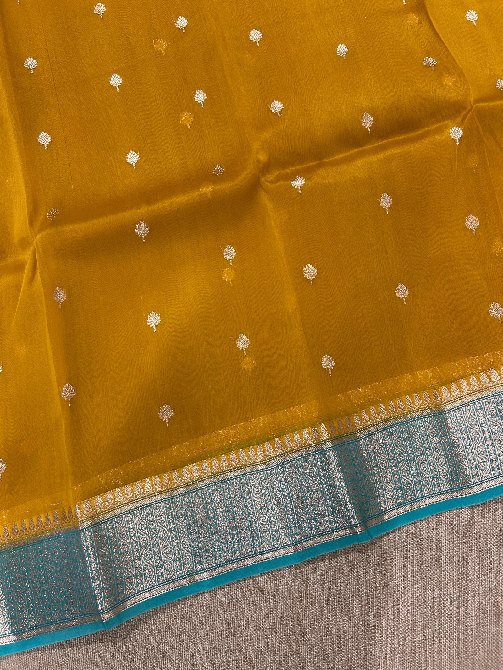 Mustard with Blue Pure Handloom premium Kora Banarasi Saree