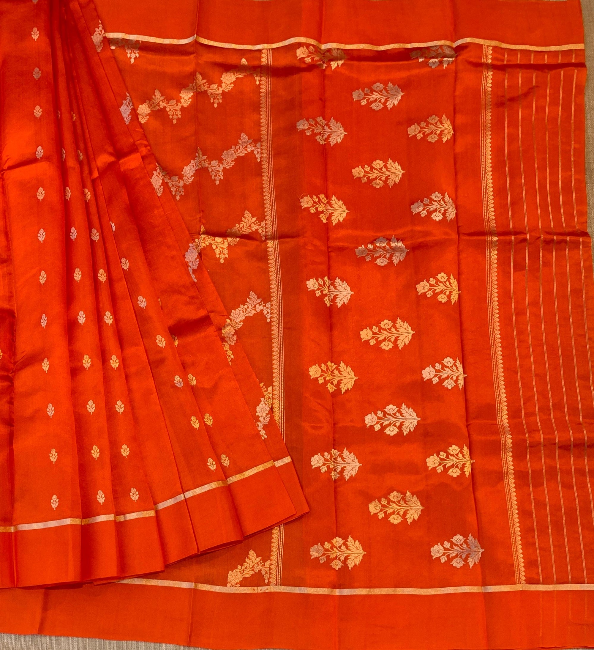 Orange Raw Mangoe Silk Saree in half and half style