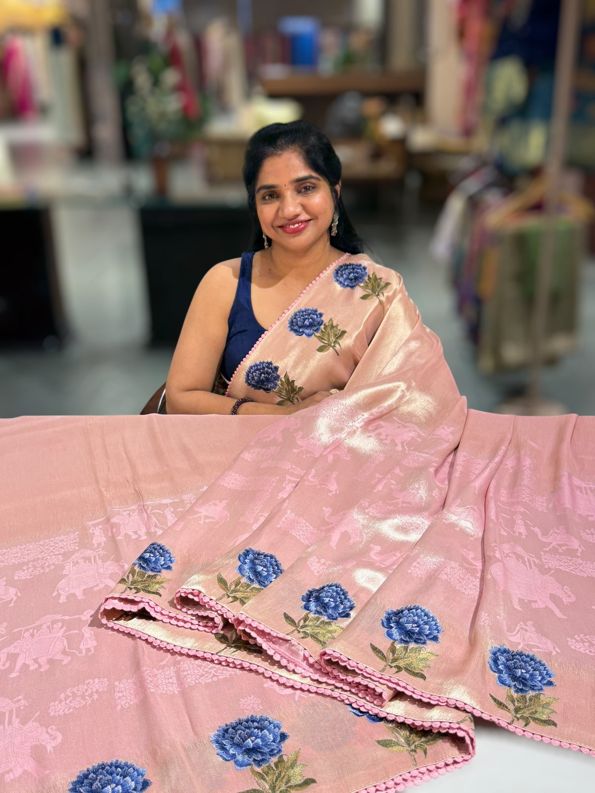 Baby Pink Banarasi Brocade tissue saree with tonchui style weaving & embroidered dahlia flower border
