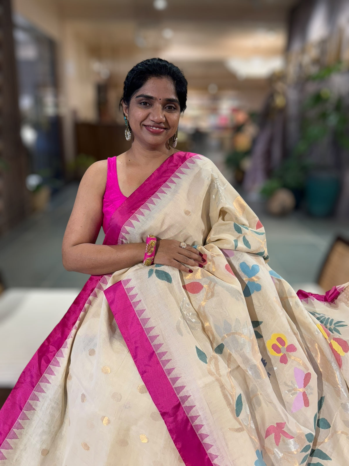 Beige Ponduru Khadi Saree with Rani Pink Temple Silk Border & Jamdani Bird Pallu