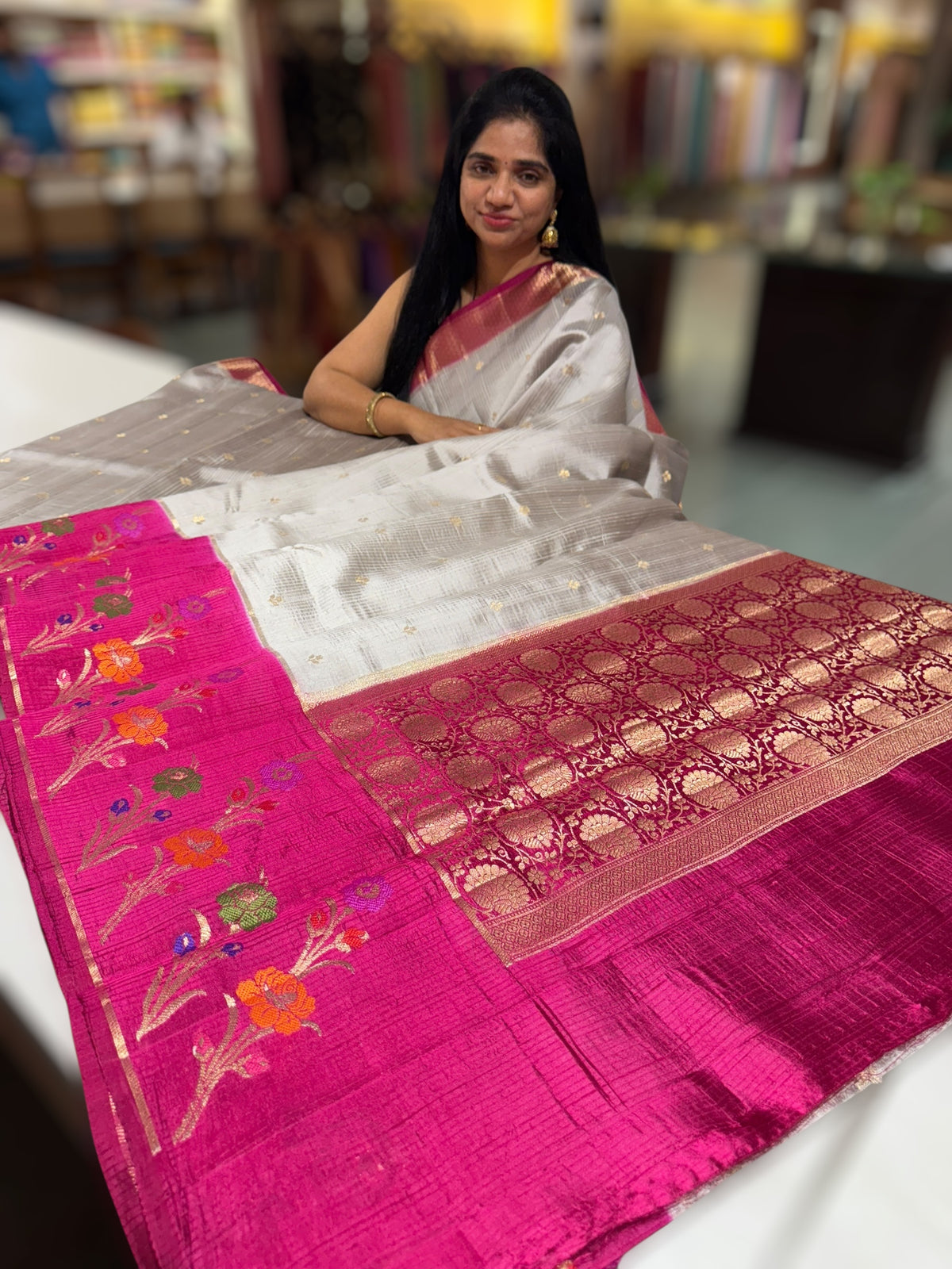 Silverish Grey Poona silk saree