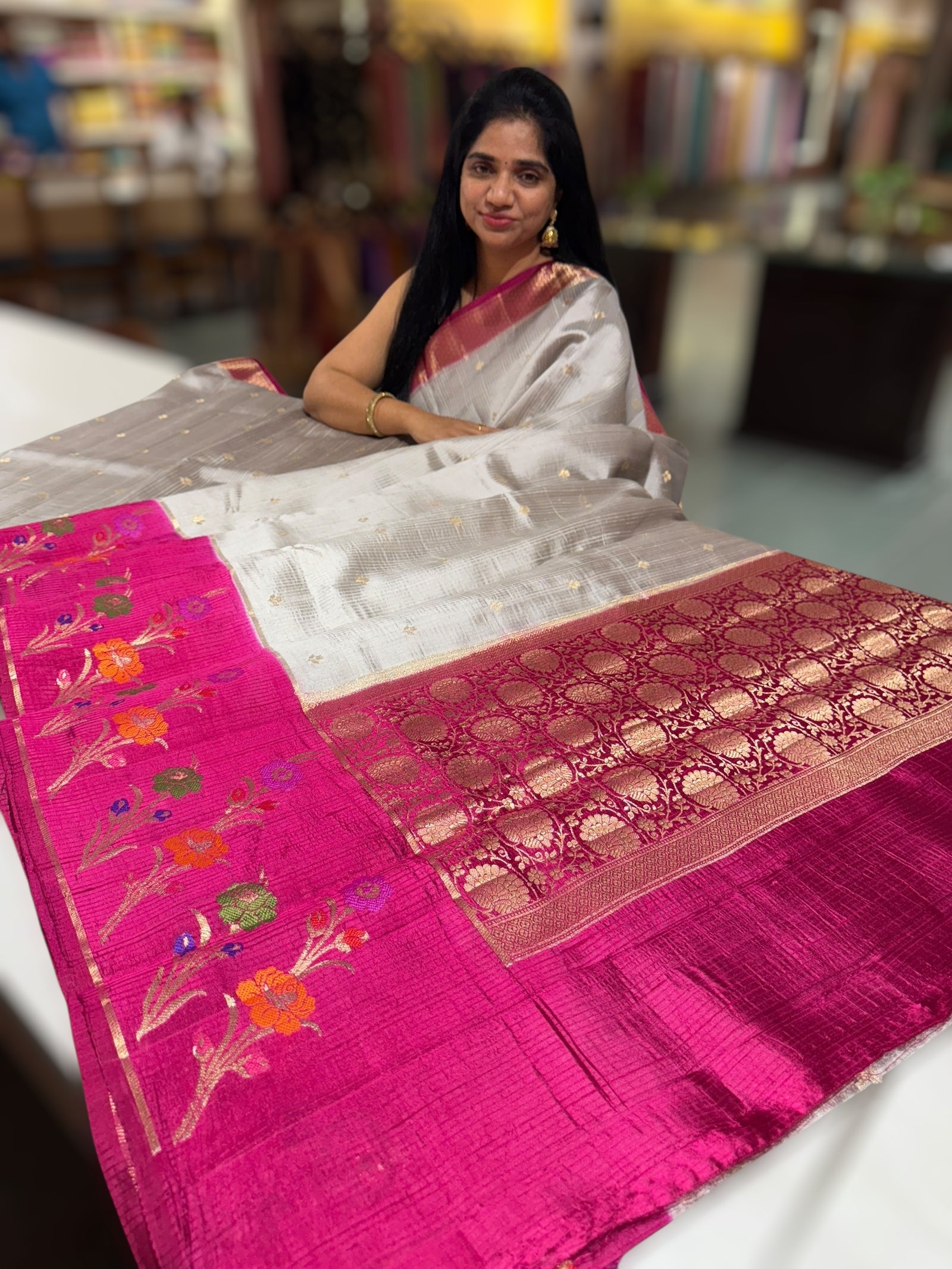 Silverish Grey Poona silk saree