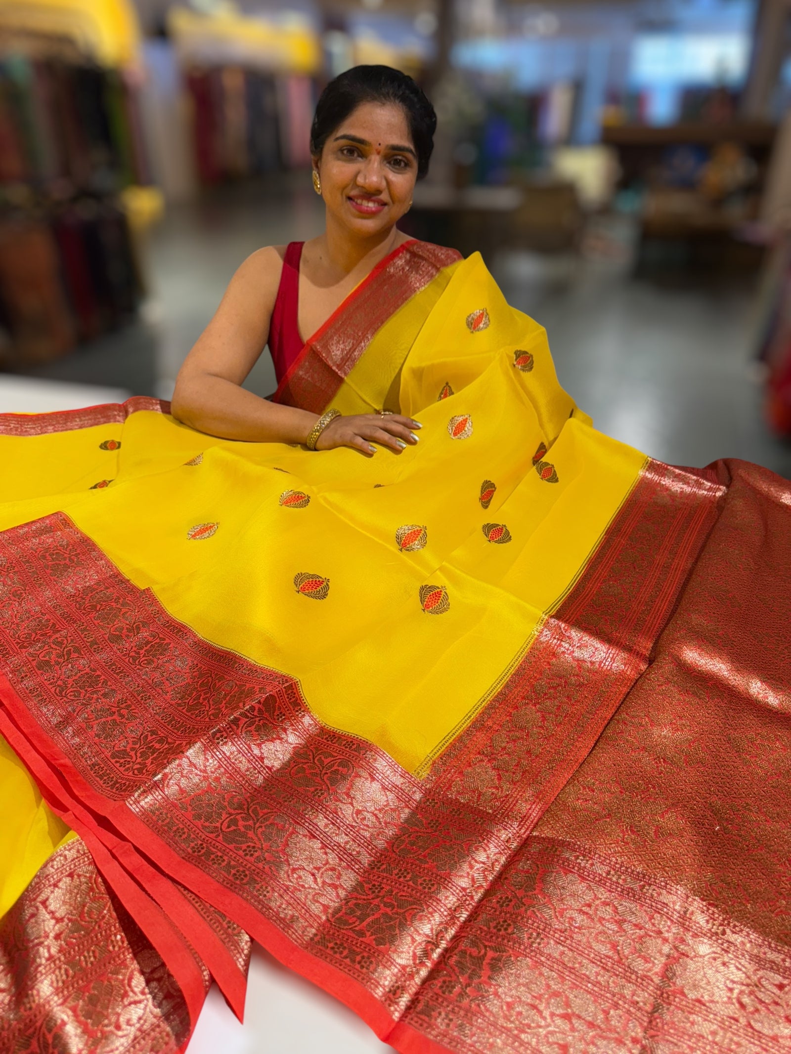 Sunflower Yellow & Orangish Red Combo Kora Banarasi Saree with Meenakari Kaduwa woven motifs