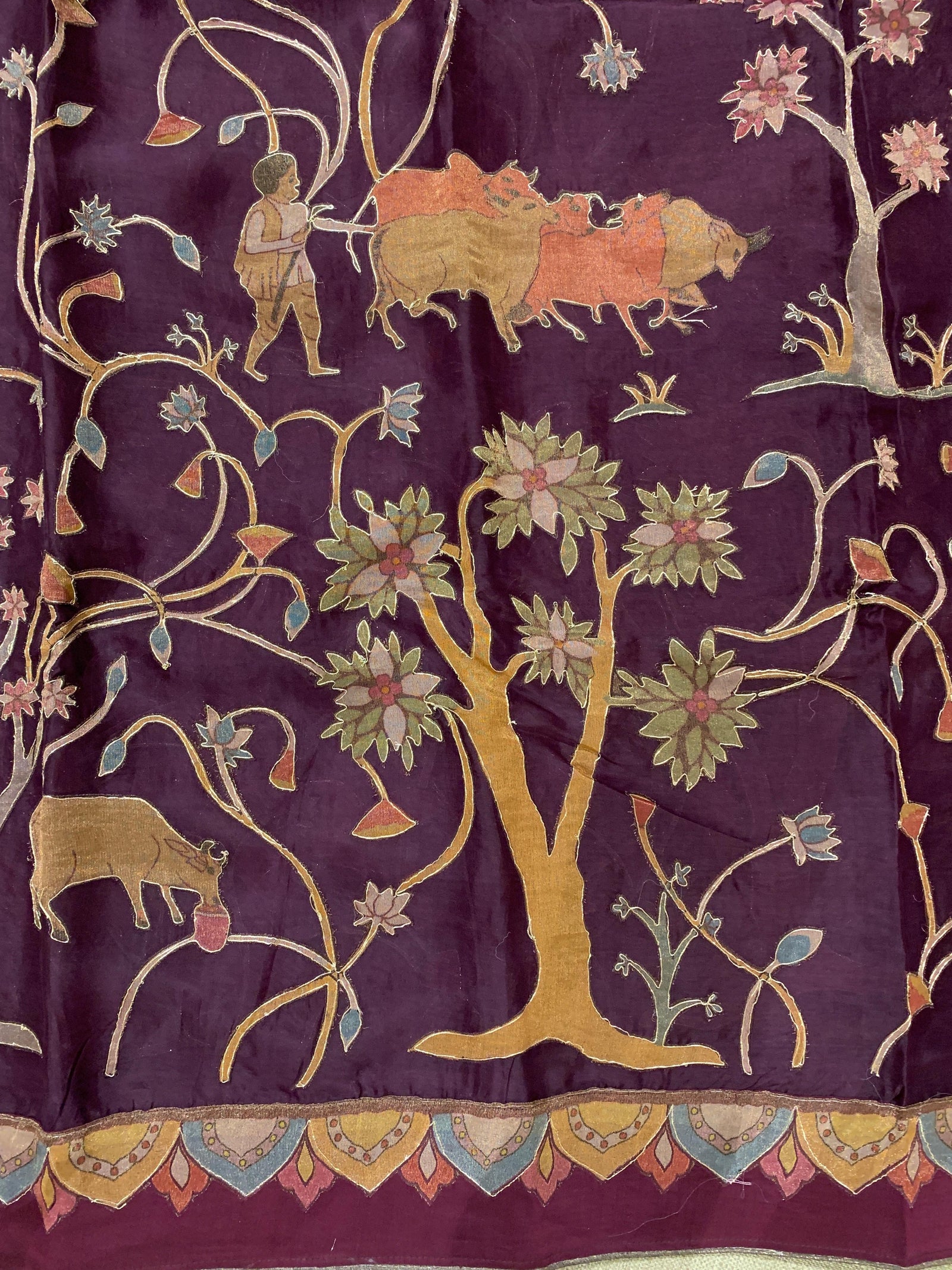 Wine Designer Organza Saree with Stunning Tissue Applique work Saree with Village theme