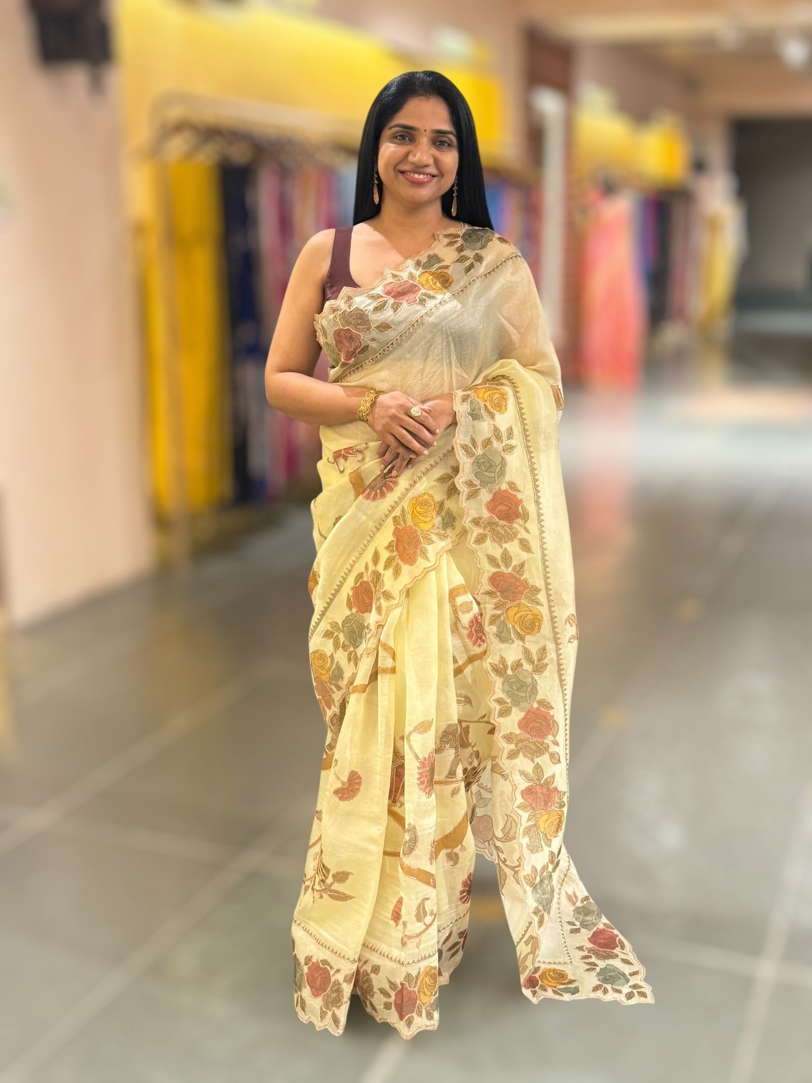 Pastel Yellow Pure Organza Applique Work Saree