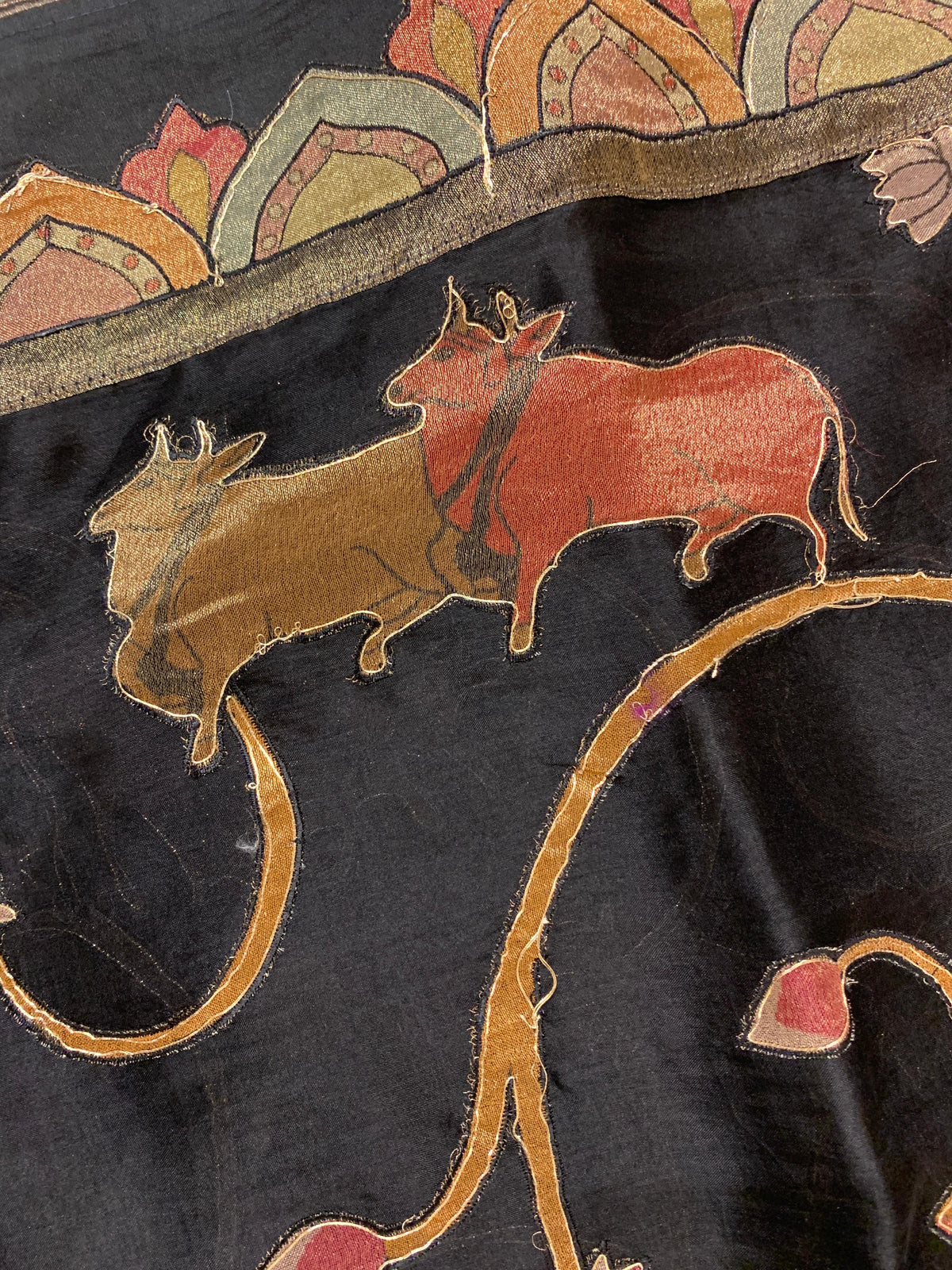 Black Designer Organza Saree with Stunning Tissue Applique work Saree with Village theme