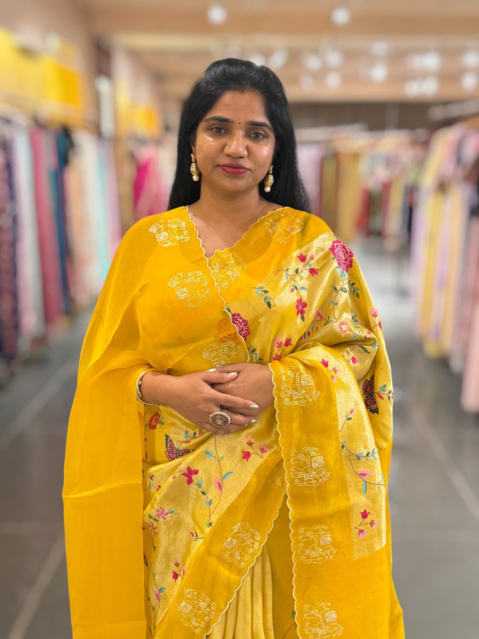 Mango Yellow Premium Handloom Designer Tissue saree with exquisite embroidery