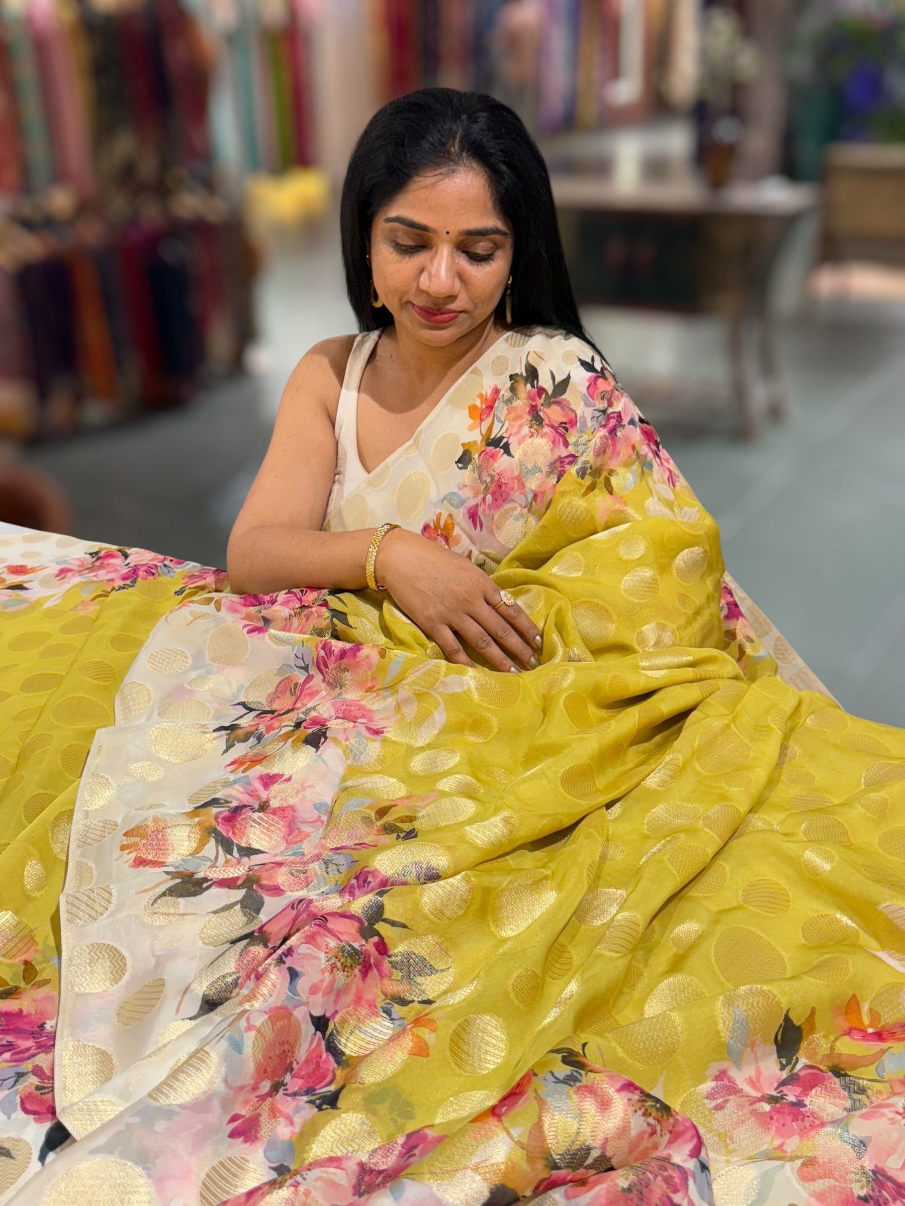 Lemon Green Banarasi Kora Gorgette Polka dot Printed Saree