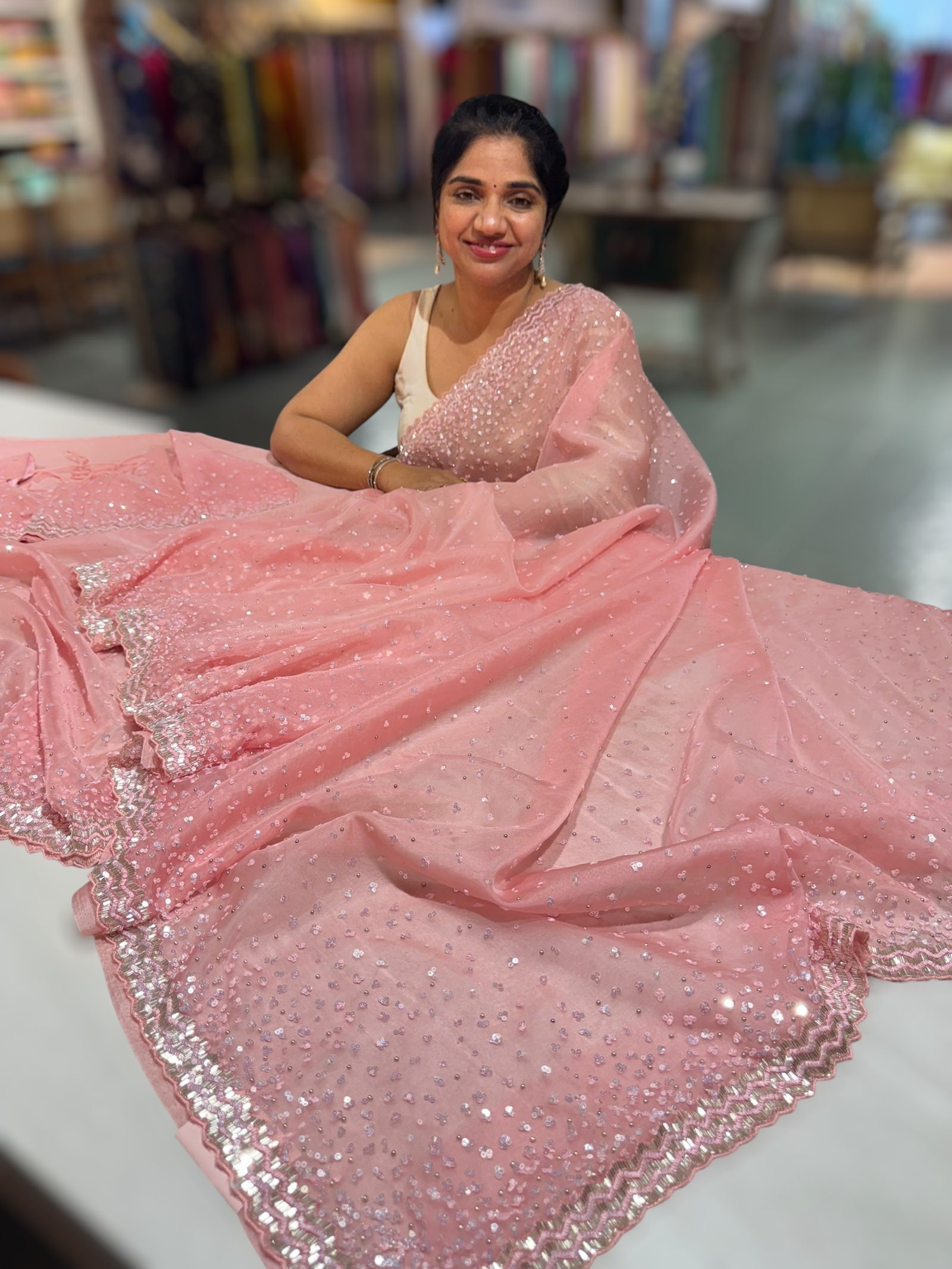 Peach Pink Organza handwork saree with ready to wear blouse