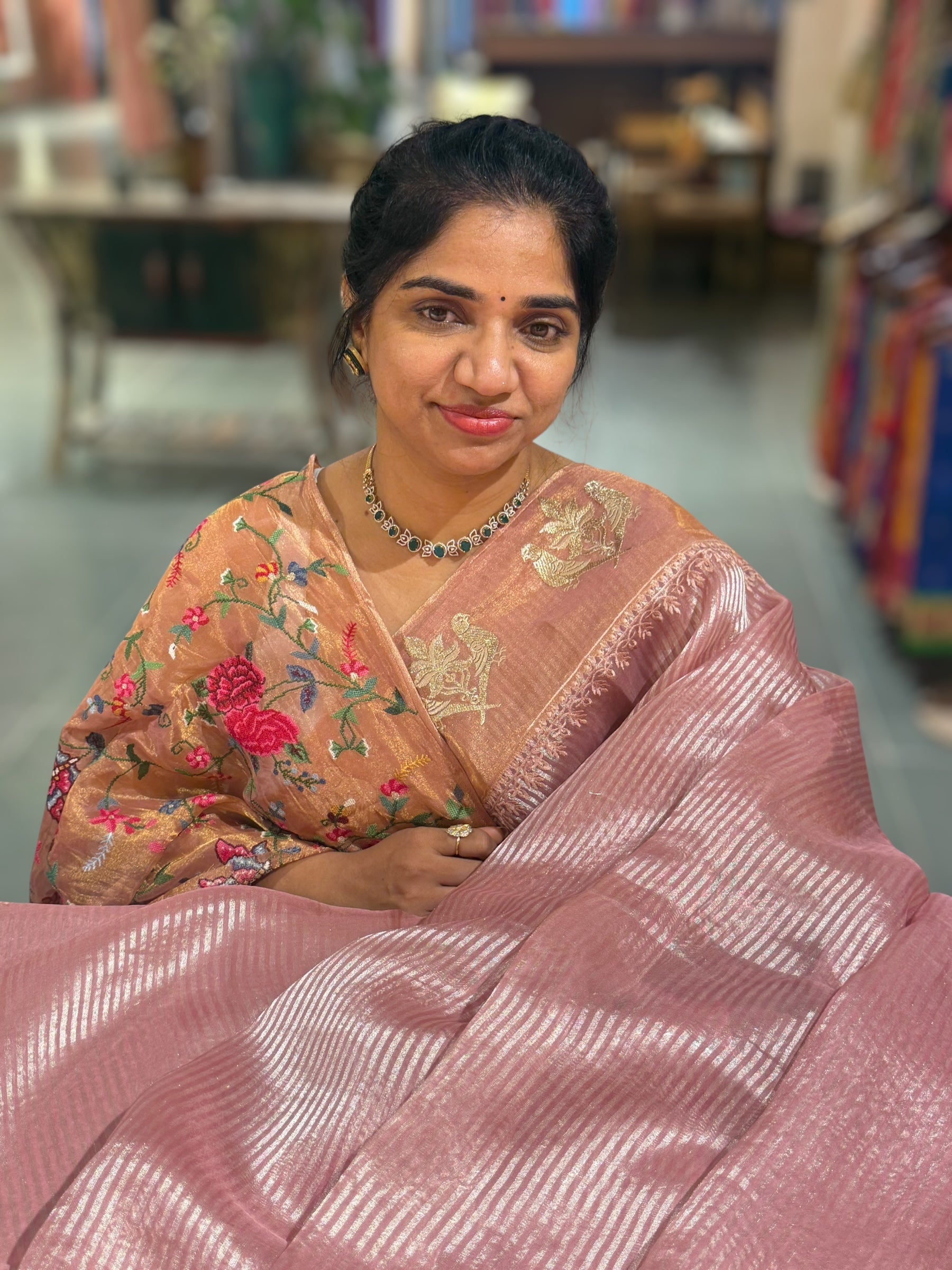 Dusty Pink Kora tissue silver stripes Saree with double parrot  embroidered tissue border
